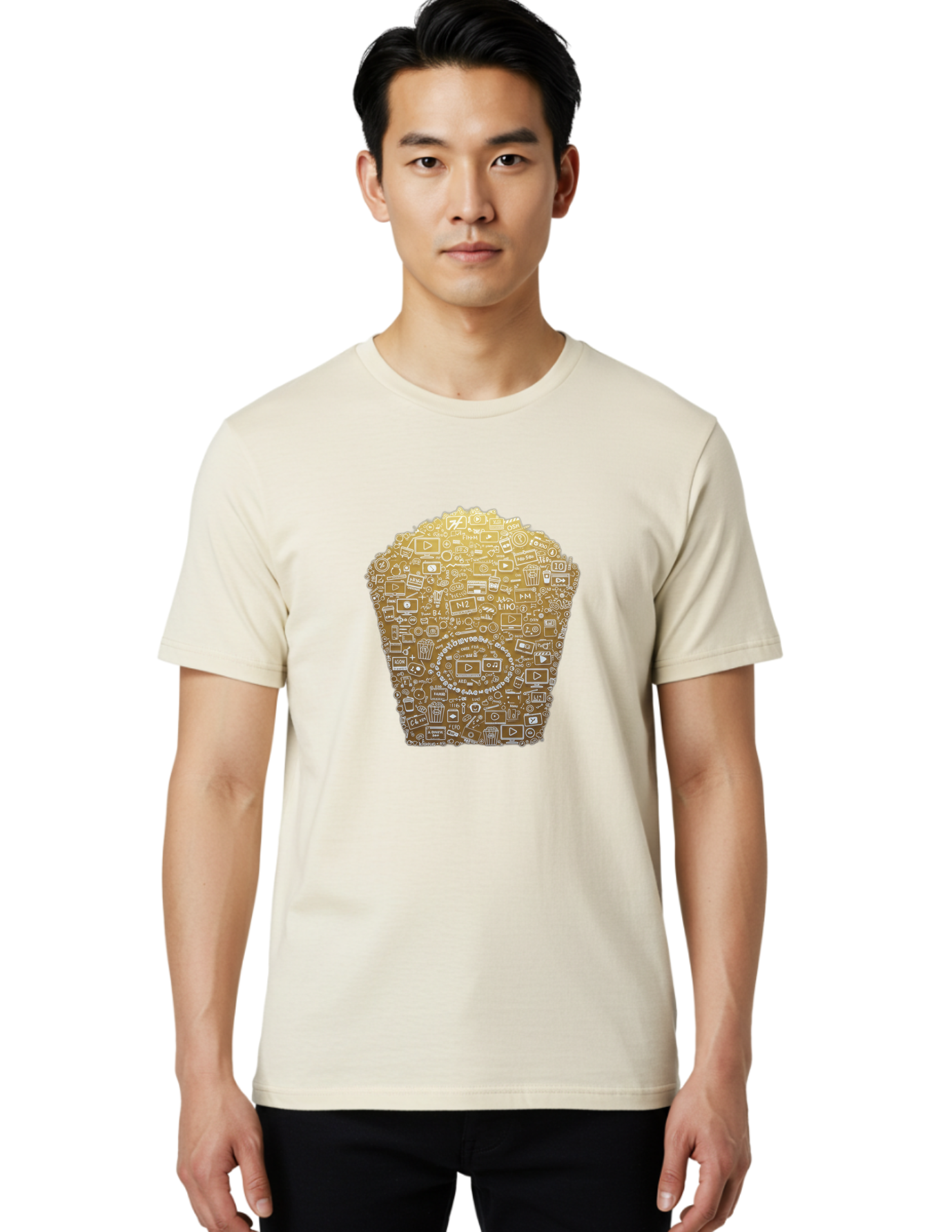 Popcorn Men'S Graphic Tee, 100% Cotton, Comfortable Casual Summer Wear, Machine Washable, Popcorn Bucket, Play Button, Video Icons, Social Media Symbols, Digital Media, Online Content, Entertainment, Multimedia Icons, Film Strip, Video Player, Bac339