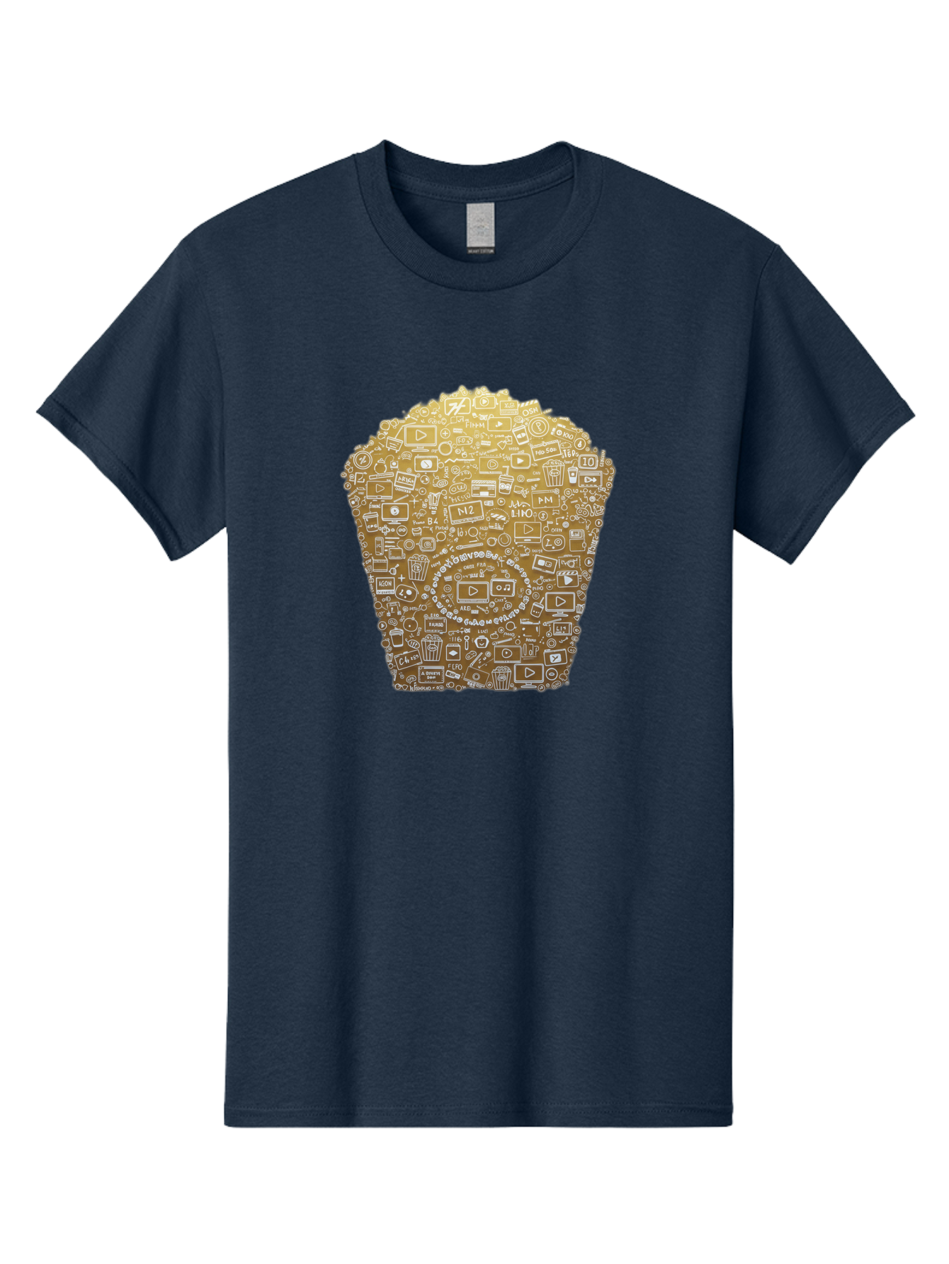 Popcorn Men'S Graphic Tee, 100% Cotton, Comfortable Casual Summer Wear, Machine Washable, Popcorn Bucket, Play Button, Video Icons, Social Media Symbols, Digital Media, Online Content, Entertainment, Multimedia Icons, Film Strip, Video Player, Bac339