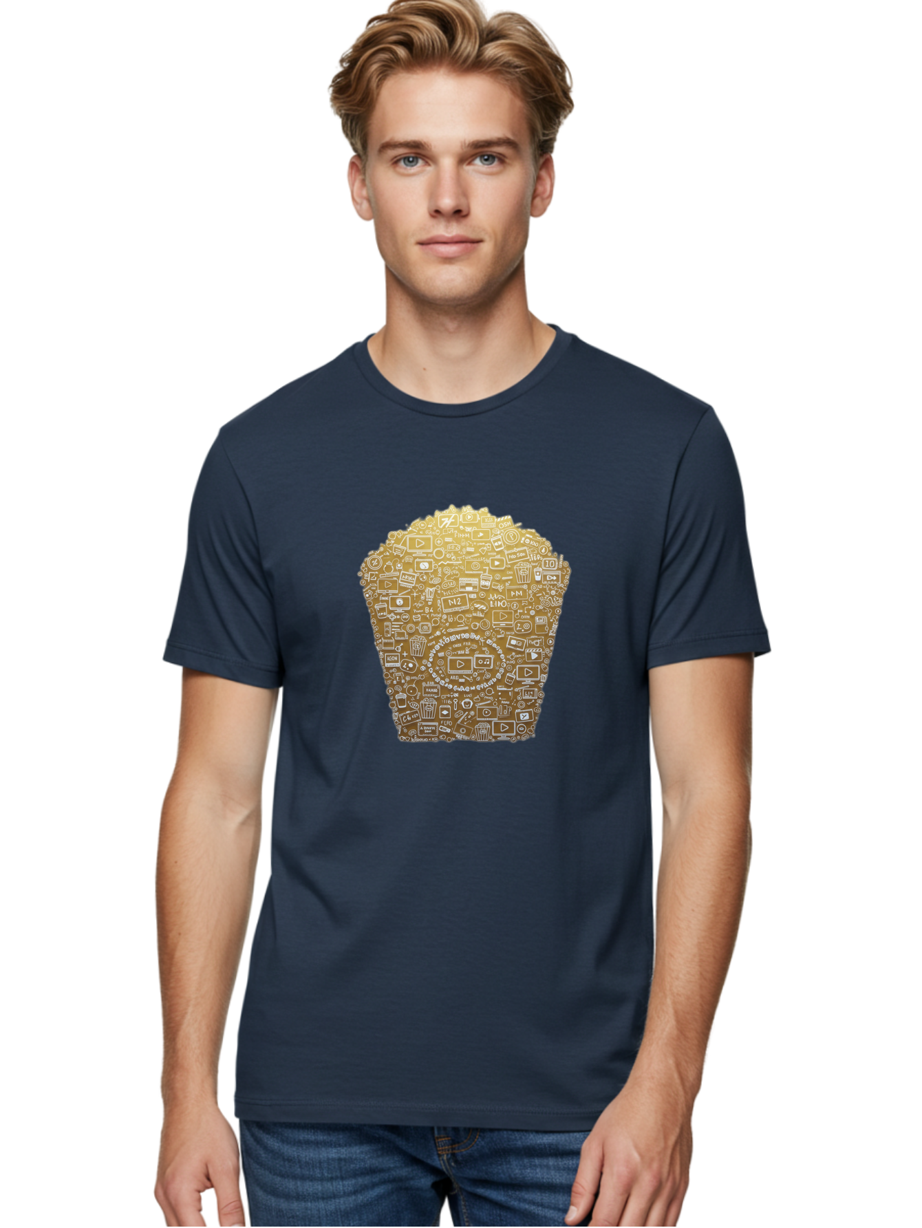 Popcorn Men'S Graphic Tee, 100% Cotton, Comfortable Casual Summer Wear, Machine Washable, Popcorn Bucket, Play Button, Video Icons, Social Media Symbols, Digital Media, Online Content, Entertainment, Multimedia Icons, Film Strip, Video Player, Bac339