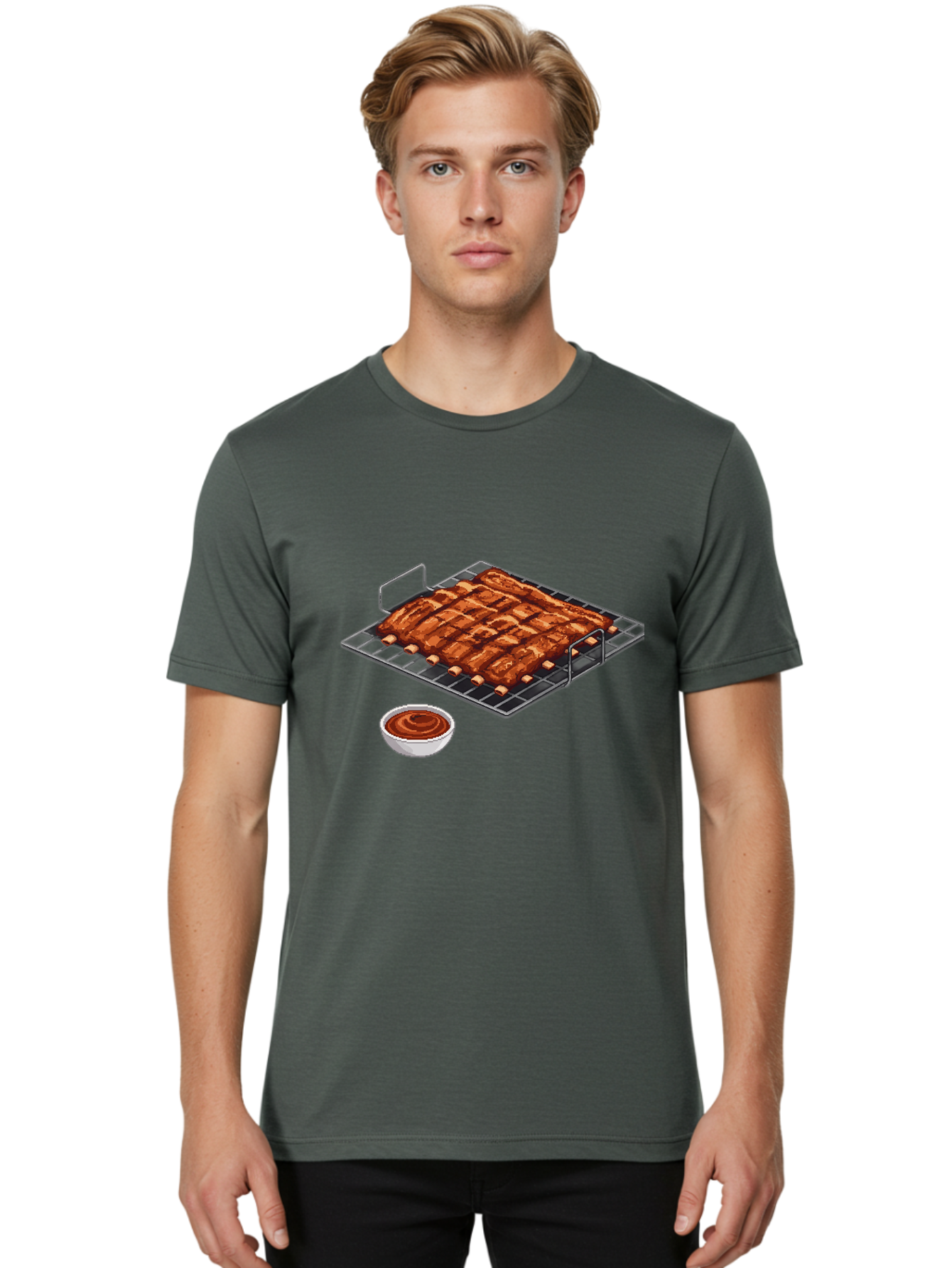 Pork-Ribs-On-Grill Men'S Graphic Tee, 100% Cotton, Comfortable Casual Summer Wear, Machine Washable, Barbecue Ribs, Grilled Pork, Barbecue Sauce, Bbq Ribs, Meat On The Grill, Delicious Food, Barbecue Style, Grilled Meat Bac340