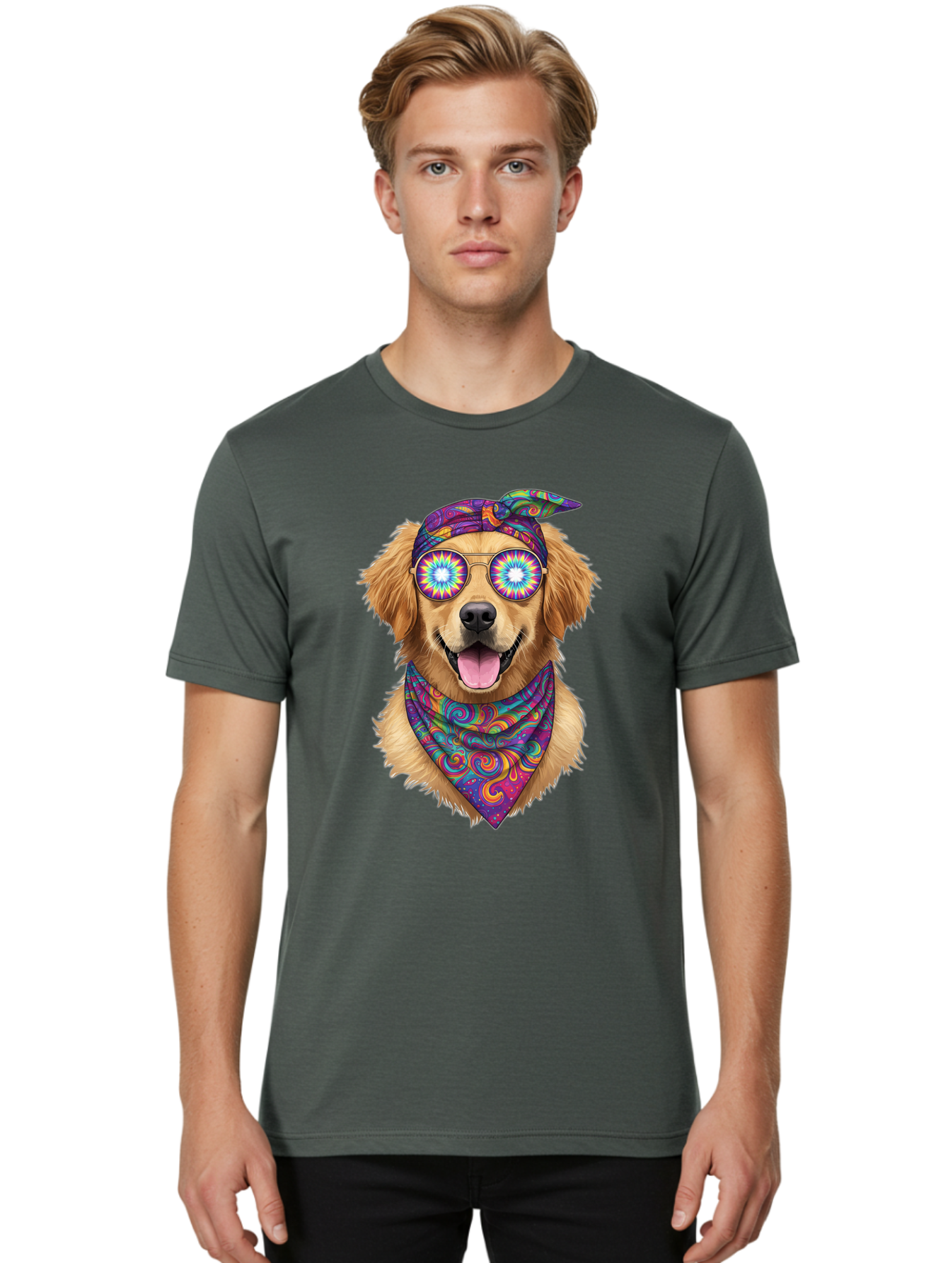 Psychedelic-Dog Men'S Graphic Tee, 100% Cotton, Comfortable Casual Summer Wear, Machine Washable, Happy Dog, Psychedelic Sunglasses, Colorful Bandana, Hippie Style, Fun Pet, Happy Animal, Playful Pup, Groovy Vibe, Funky Glasses, Bac344