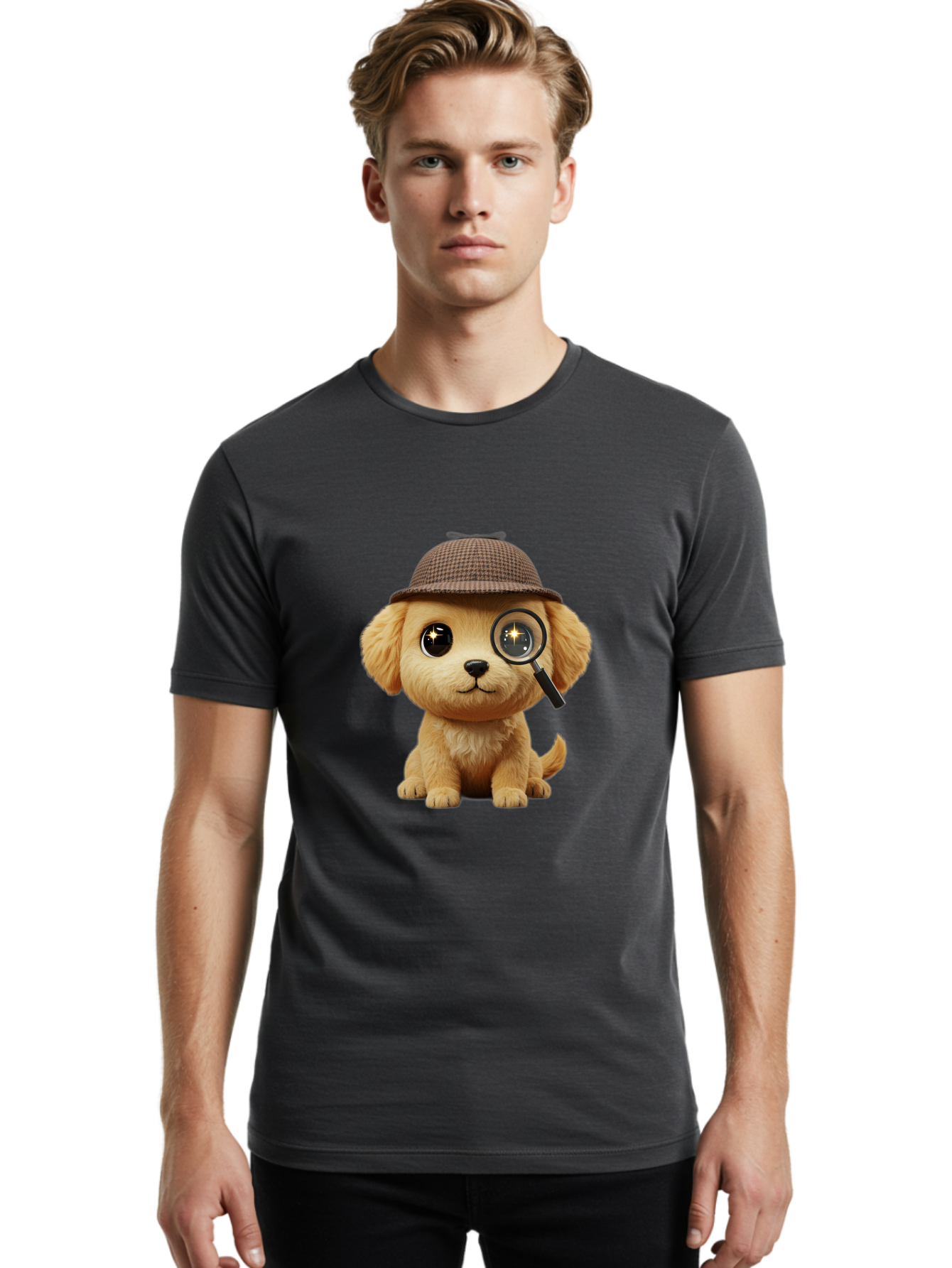 Puppy-Detective Men'S Graphic Tee, 100% Cotton, Comfortable Casual Summer Wear, Machine Washable, Puppy Wearing A Deerstalker Cap, Magnifying Glass, Detective Theme, Cute Puppy, Investigation, Mystery Solving, Dog Character, Cartoon Style Bac346