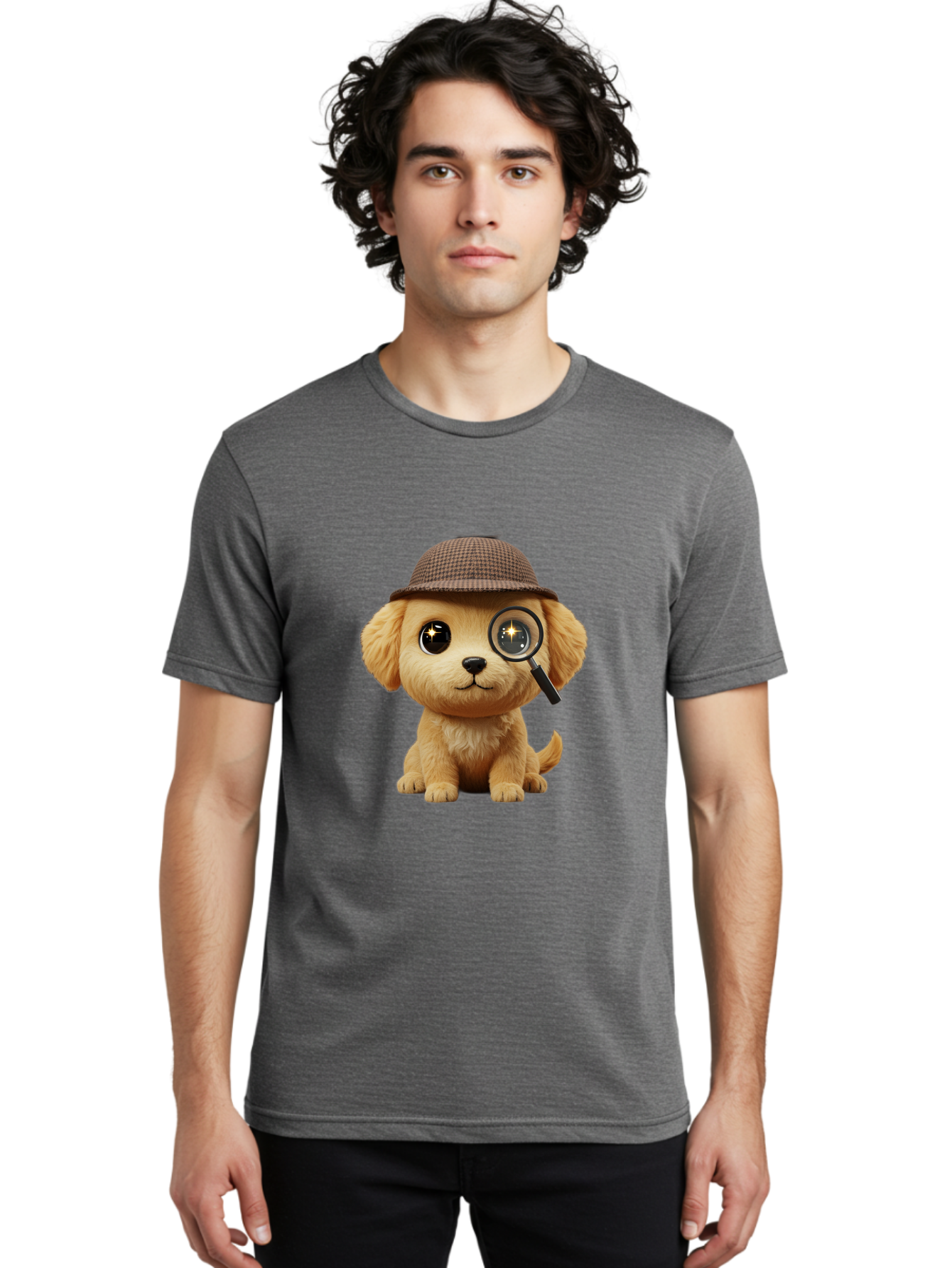 Puppy-Detective Men'S Graphic Tee, 100% Cotton, Comfortable Casual Summer Wear, Machine Washable, Puppy Wearing A Deerstalker Cap, Magnifying Glass, Detective Theme, Cute Puppy, Investigation, Mystery Solving, Dog Character, Cartoon Style Bac346