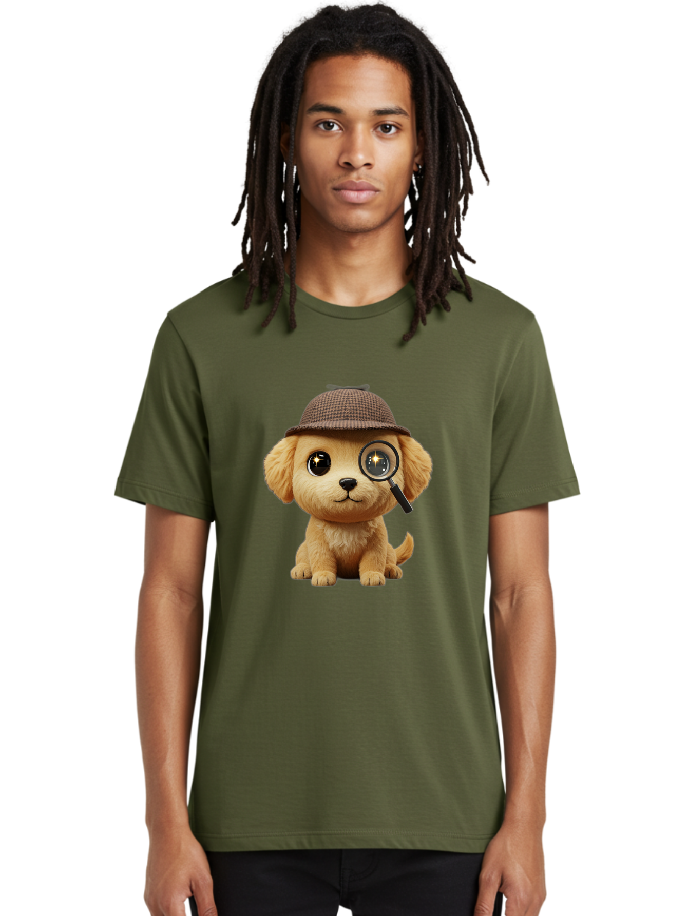Puppy-Detective Men'S Graphic Tee, 100% Cotton, Comfortable Casual Summer Wear, Machine Washable, Puppy Wearing A Deerstalker Cap, Magnifying Glass, Detective Theme, Cute Puppy, Investigation, Mystery Solving, Dog Character, Cartoon Style Bac346