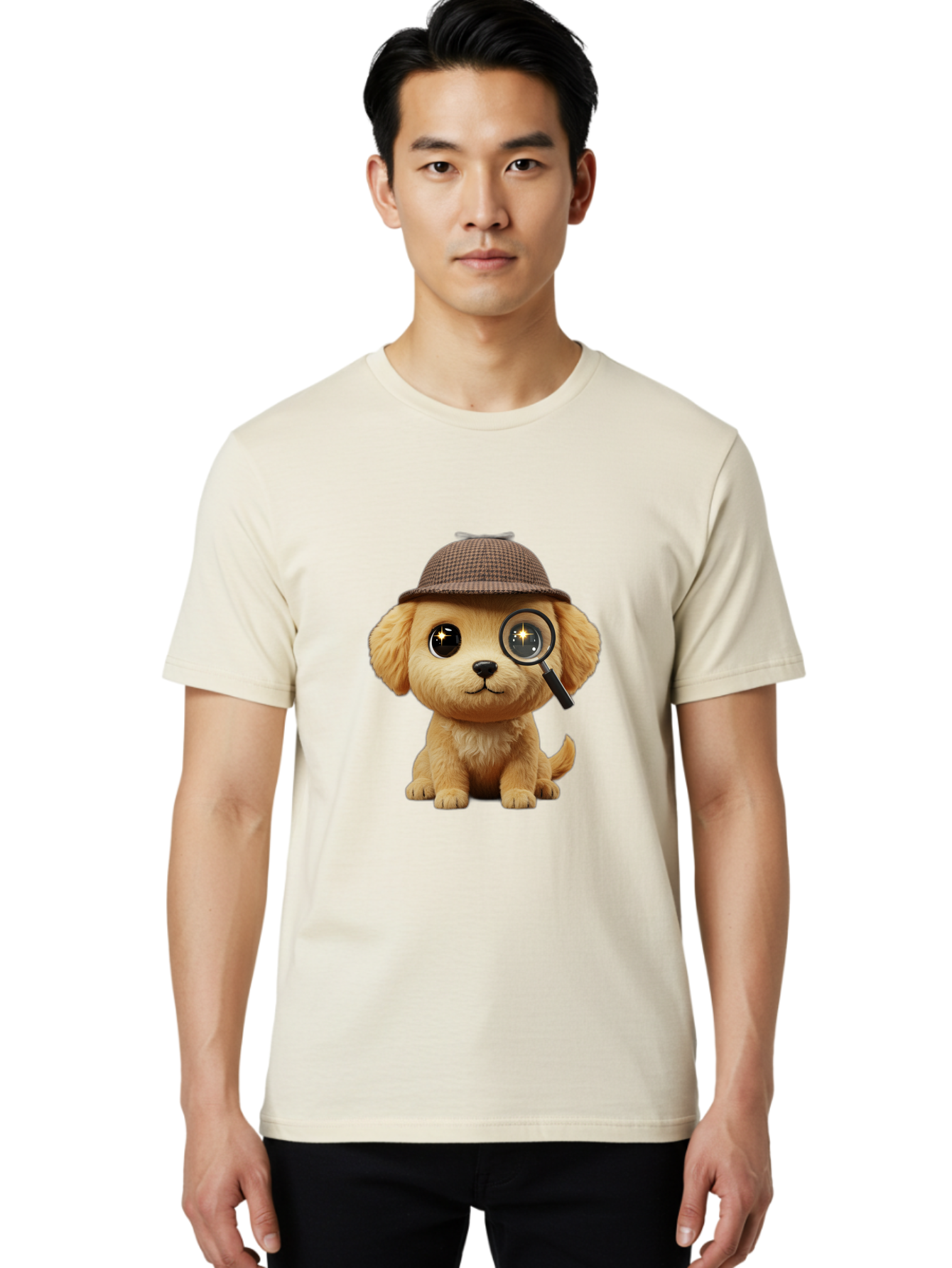 Puppy-Detective Men'S Graphic Tee, 100% Cotton, Comfortable Casual Summer Wear, Machine Washable, Puppy Wearing A Deerstalker Cap, Magnifying Glass, Detective Theme, Cute Puppy, Investigation, Mystery Solving, Dog Character, Cartoon Style Bac346