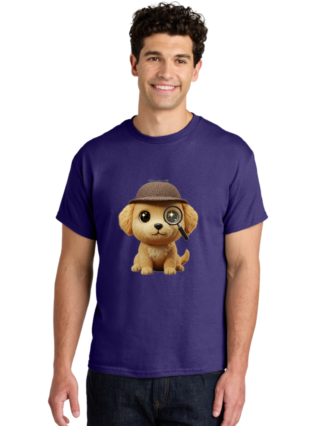 Puppy-Detective Men'S Graphic Tee, 100% Cotton, Comfortable Casual Summer Wear, Machine Washable, Puppy Wearing A Deerstalker Cap, Magnifying Glass, Detective Theme, Cute Puppy, Investigation, Mystery Solving, Dog Character, Cartoon Style Bac346