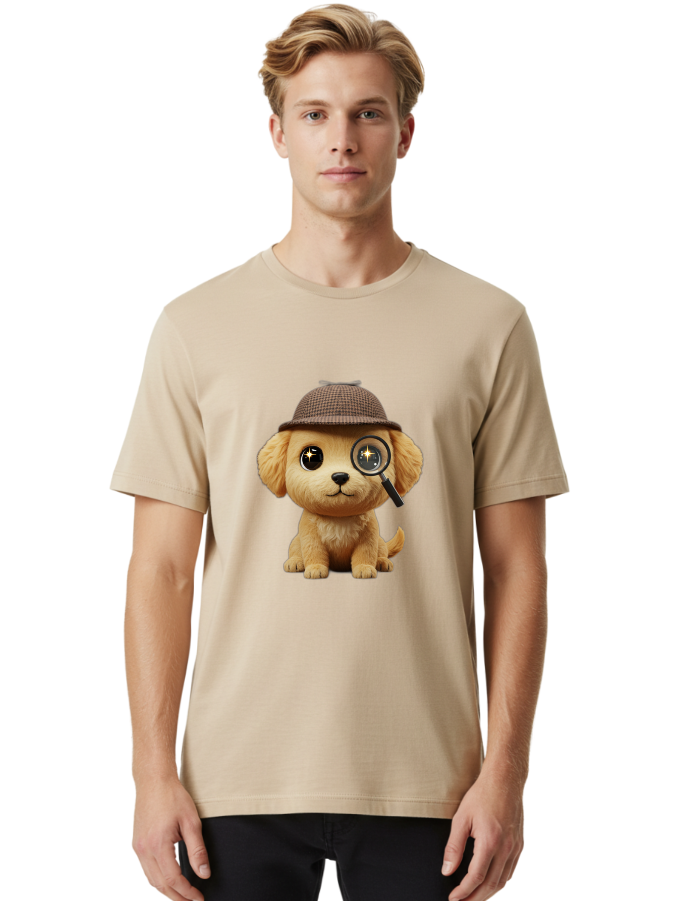 Puppy-Detective Men'S Graphic Tee, 100% Cotton, Comfortable Casual Summer Wear, Machine Washable, Puppy Wearing A Deerstalker Cap, Magnifying Glass, Detective Theme, Cute Puppy, Investigation, Mystery Solving, Dog Character, Cartoon Style Bac346