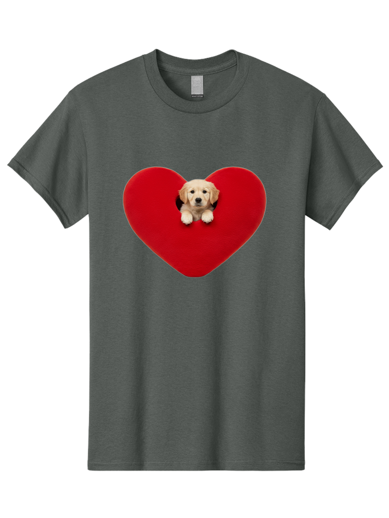 Puppy-In-Heart Men'S Graphic Tee, 100% Cotton, Comfortable Casual Summer Wear, Machine Washable, Adorable Puppy, Golden Retriever, Cute Dog, Heart Shape, Love Symbol, Heartwarming Scene, Playful Pup, Furry Friend, Heart Cutout Bac348