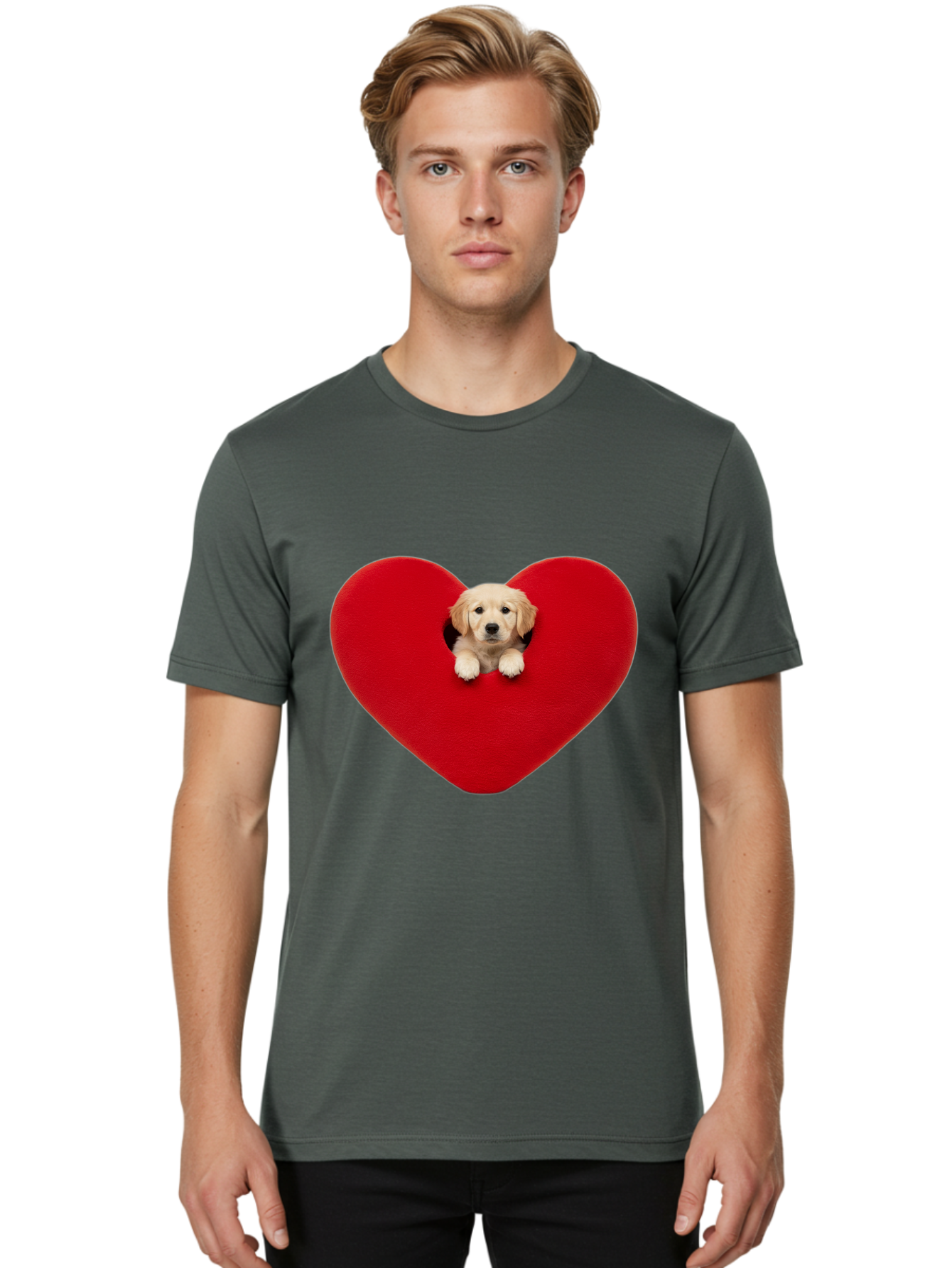 Puppy-In-Heart Men'S Graphic Tee, 100% Cotton, Comfortable Casual Summer Wear, Machine Washable, Adorable Puppy, Golden Retriever, Cute Dog, Heart Shape, Love Symbol, Heartwarming Scene, Playful Pup, Furry Friend, Heart Cutout Bac348