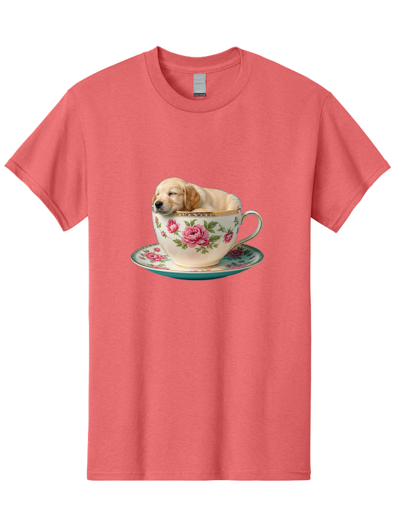 Puppy-In-Tea-Cup Men'S Graphic Tee, 100% Cotton, Comfortable Casual Summer Wear, Machine Washable, Sleeping Puppy, Adorable Puppy, Golden Retriever, Teacup, Floral Pattern, Pink Roses, Delicate China, Whimsical Scene, Cute Animals, Tea Time Bac349