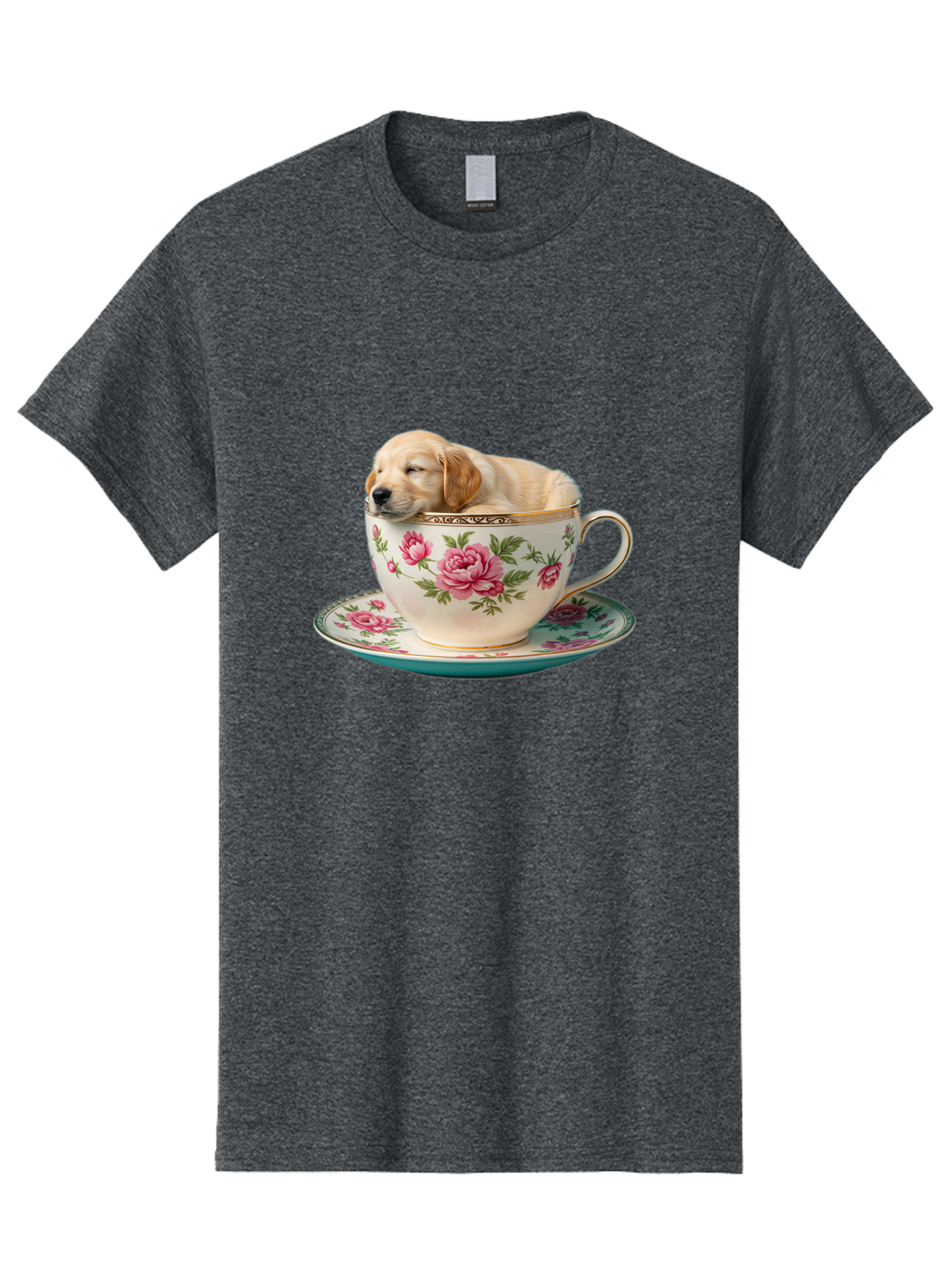 Puppy-In-Tea-Cup Men'S Graphic Tee, 100% Cotton, Comfortable Casual Summer Wear, Machine Washable, Sleeping Puppy, Adorable Puppy, Golden Retriever, Teacup, Floral Pattern, Pink Roses, Delicate China, Whimsical Scene, Cute Animals, Tea Time Bac349