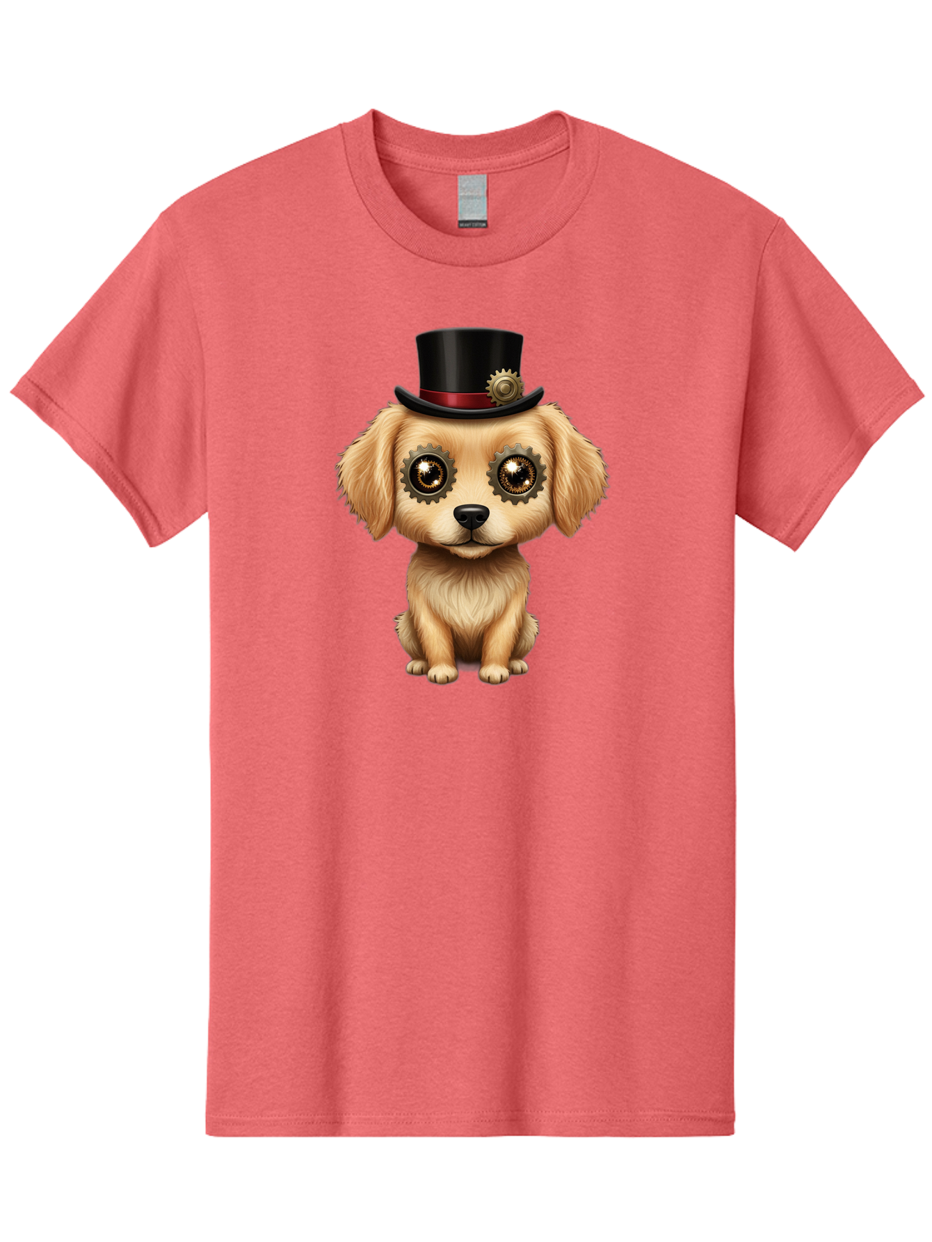 Puppy-In-Top-Hat Men'S Graphic Tee, 100% Cotton, Comfortable Casual Summer Wear, Machine Washable, Steampunk Dog, Puppy With Hat, Gear Eyes, Vintage Style, Unique Accessories, Fantasy Animal, Imaginative Design, Steampunk Art, Bac350