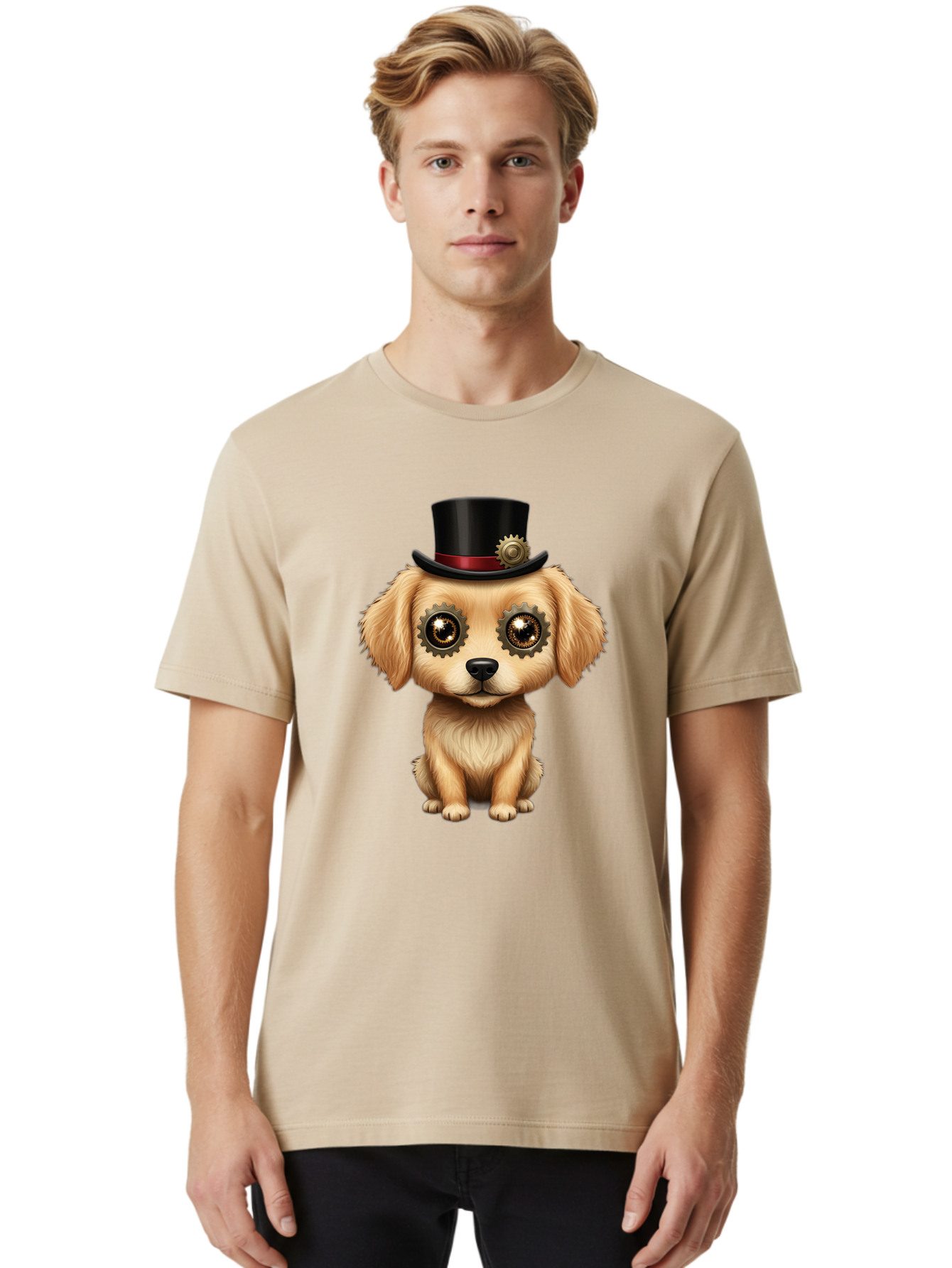 Puppy-In-Top-Hat Men'S Graphic Tee, 100% Cotton, Comfortable Casual Summer Wear, Machine Washable, Steampunk Dog, Puppy With Hat, Gear Eyes, Vintage Style, Unique Accessories, Fantasy Animal, Imaginative Design, Steampunk Art, Bac350