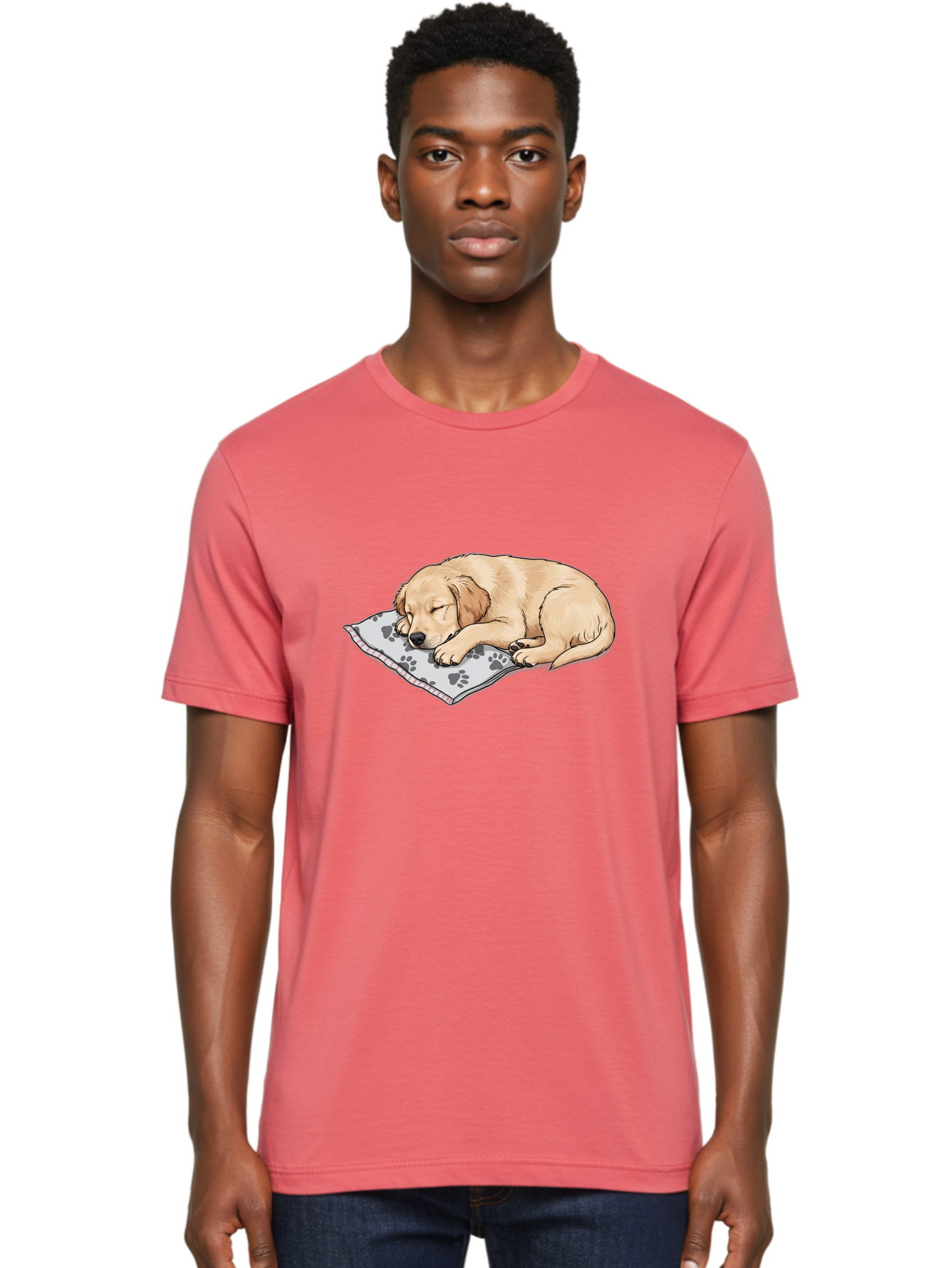 Puppy-Sleeping-On-Paw-Print-Blanket Men'S Graphic Tee, 100% Cotton, Comfortable Casual Summer Wear, Machine Washable, Sleeping Puppy, Golden Retriever, Animal Rest, Dog Blanket, Paw Prints, Cozy Atmosphere, Cartoon Illustration, Adorable Pet Bac351