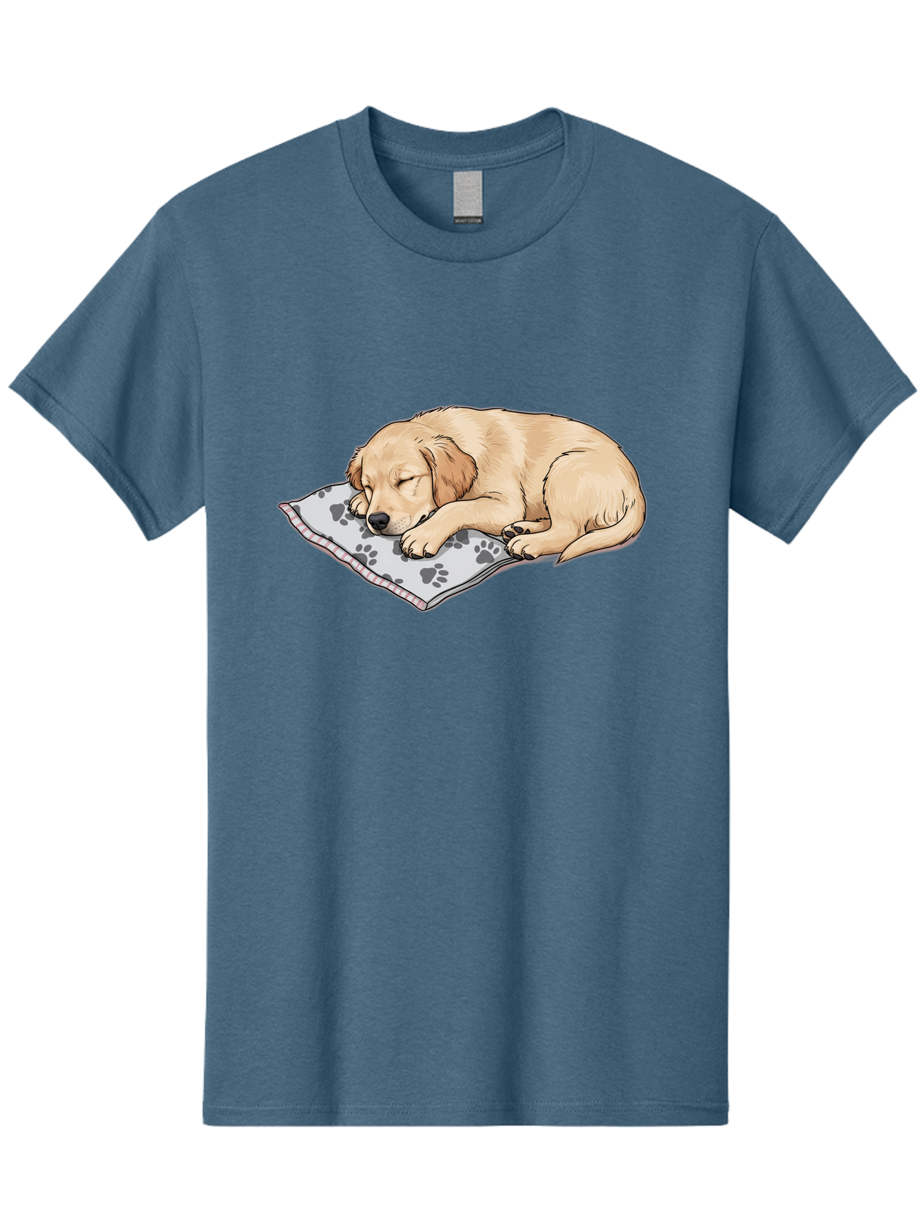Puppy-Sleeping-On-Paw-Print-Blanket Men'S Graphic Tee, 100% Cotton, Comfortable Casual Summer Wear, Machine Washable, Sleeping Puppy, Golden Retriever, Animal Rest, Dog Blanket, Paw Prints, Cozy Atmosphere, Cartoon Illustration, Adorable Pet Bac351