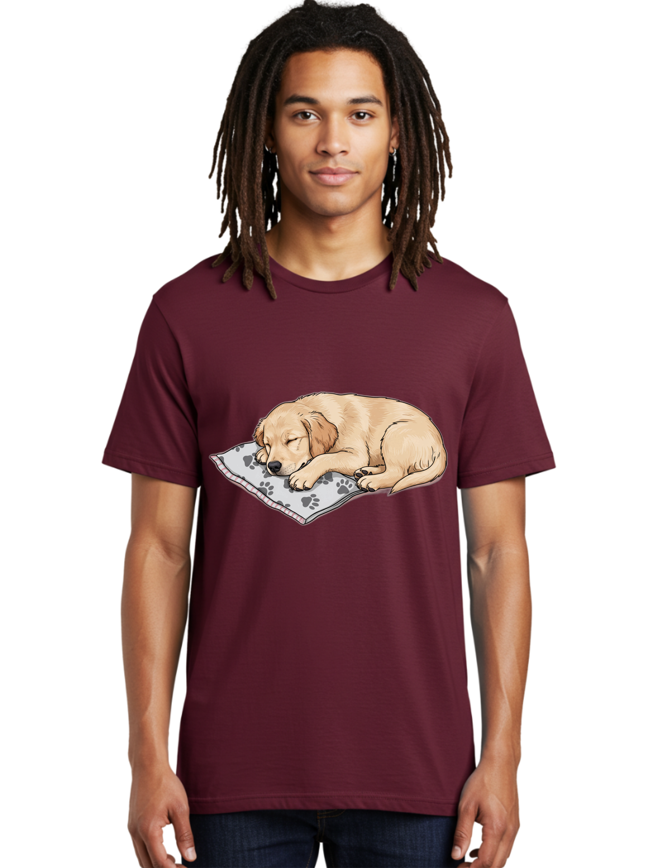 Puppy-Sleeping-On-Paw-Print-Blanket Men'S Graphic Tee, 100% Cotton, Comfortable Casual Summer Wear, Machine Washable, Sleeping Puppy, Golden Retriever, Animal Rest, Dog Blanket, Paw Prints, Cozy Atmosphere, Cartoon Illustration, Adorable Pet Bac351
