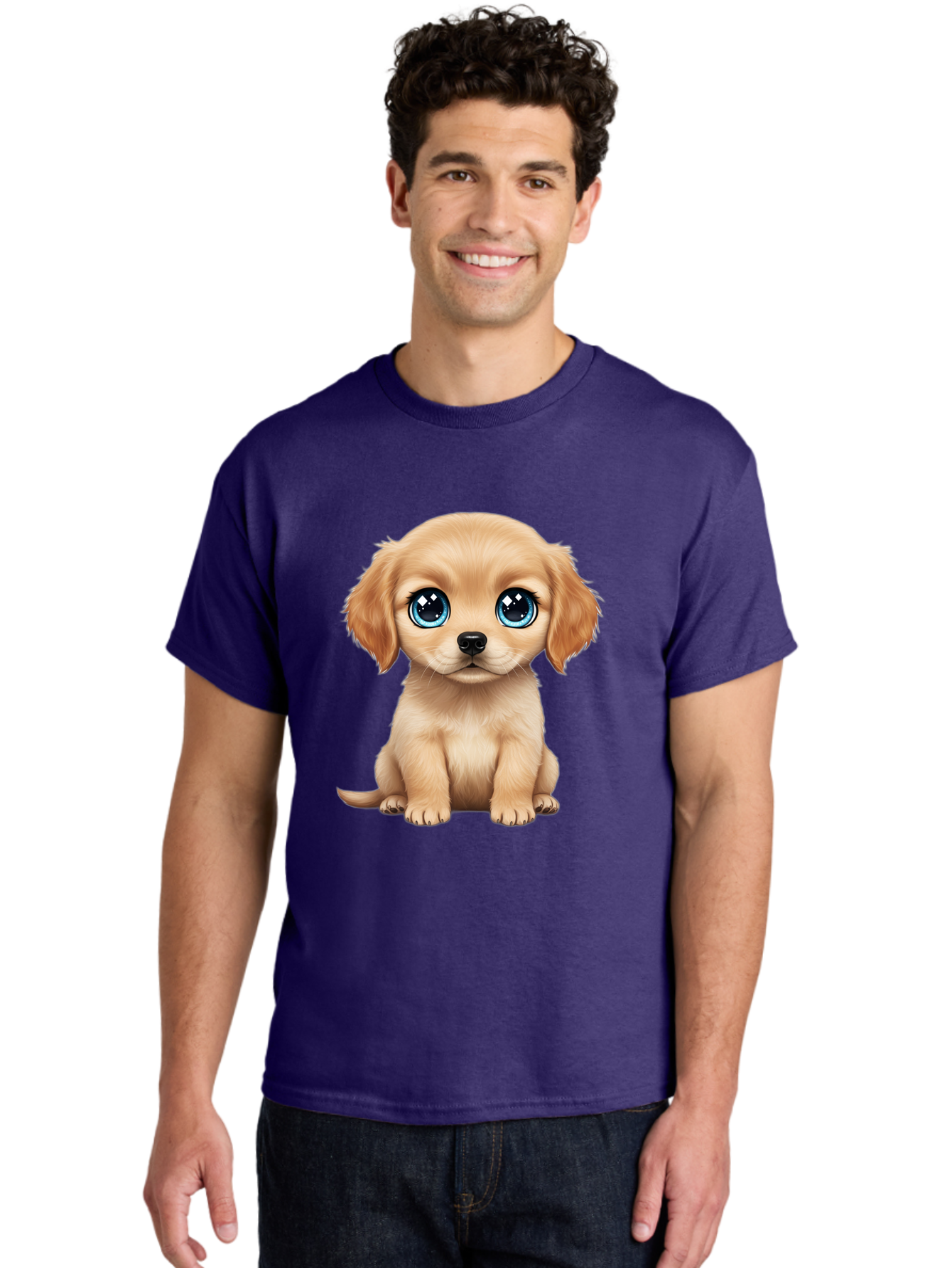 Puppy Men'S Graphic Tee, 100% Cotton, Comfortable Casual Summer Wear, Machine Washable, Adorable Puppy, Cute Dog, Blue Eyes, Fluffy Fur, Sweet Expression, Endearing Animal, Furry Friend, Digital Art, Cartoon Character, Playful, Charming Bac353