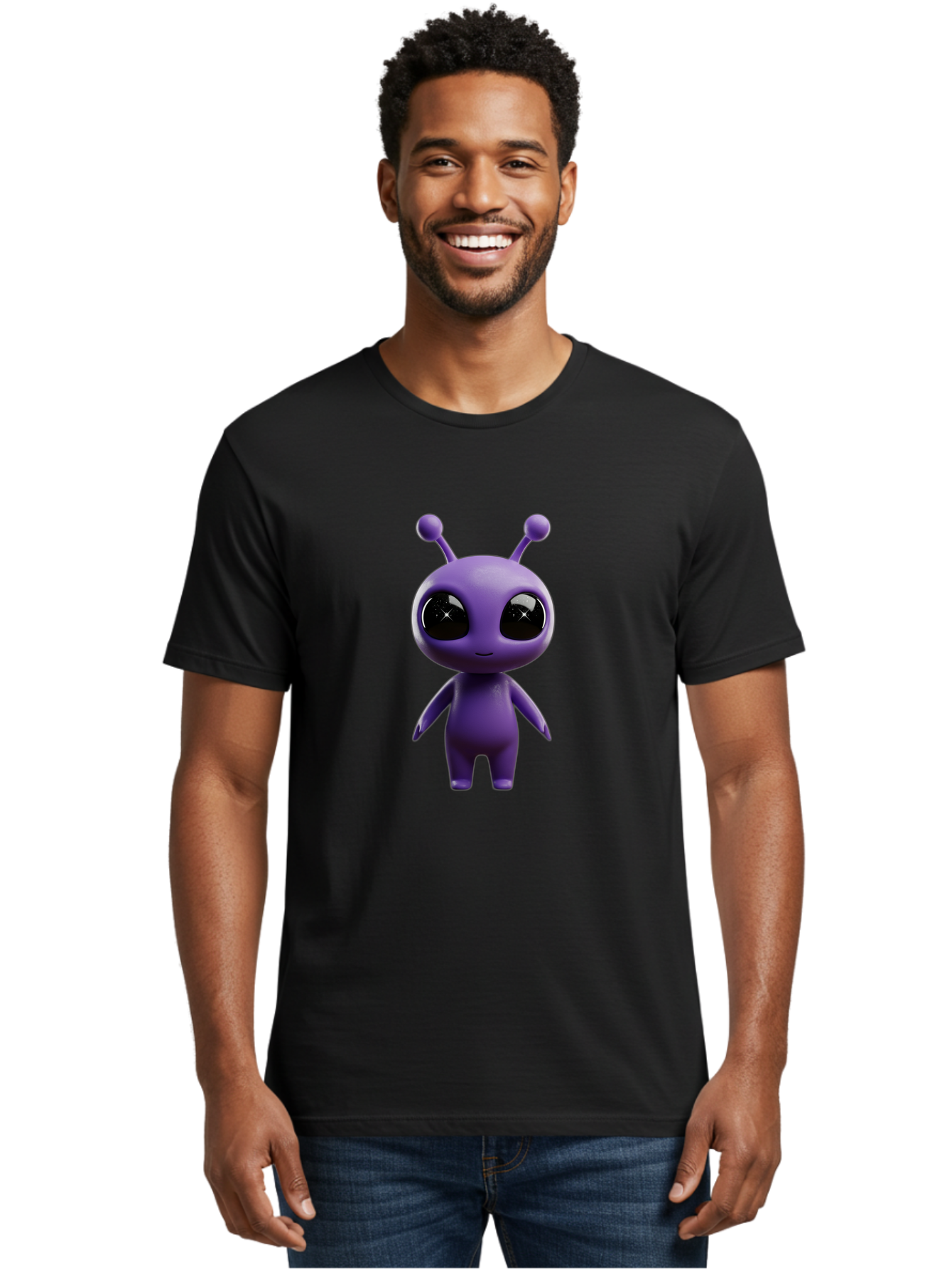 Purple-Alien-Character Men'S Graphic Tee, 100% Cotton, Comfortable Casual Summer Wear, Machine Washable, Cartoon Alien, Purple Creature, Large Eyes, Antennae, Simple Design, 3D Rendering, Kawaii Character, Digital Art, Fun Graphic, Bac354