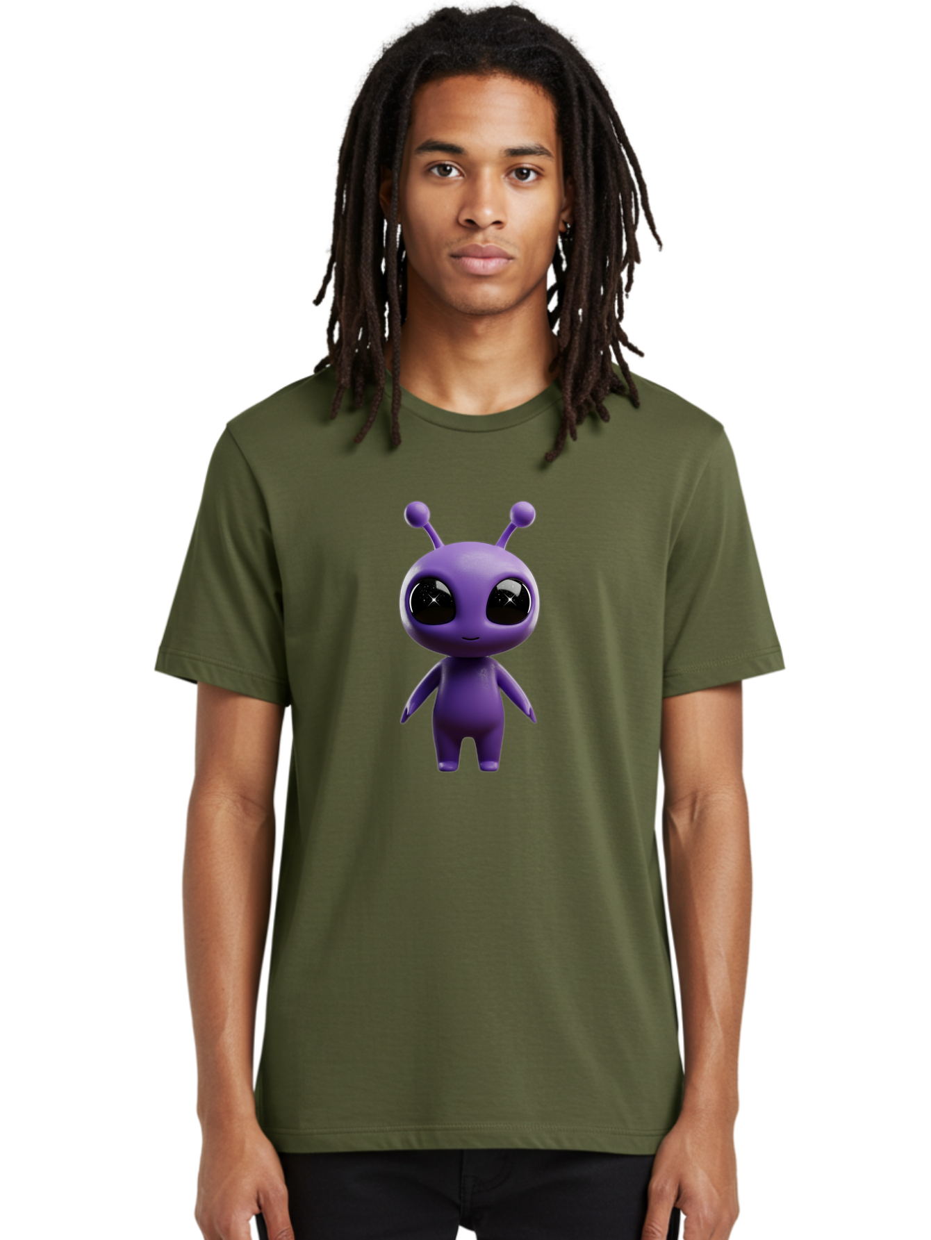 Purple-Alien-Character Men'S Graphic Tee, 100% Cotton, Comfortable Casual Summer Wear, Machine Washable, Cartoon Alien, Purple Creature, Large Eyes, Antennae, Simple Design, 3D Rendering, Kawaii Character, Digital Art, Fun Graphic, Bac354