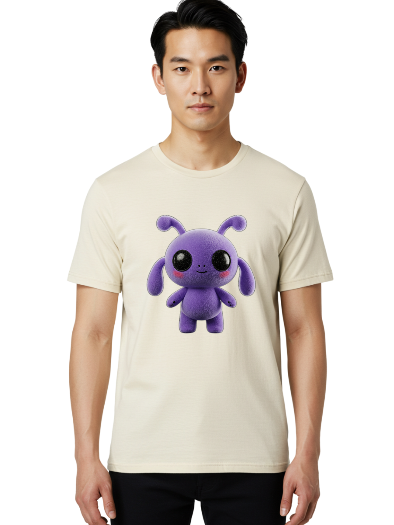 Purple-Alien Men'S Graphic Tee, 100% Cotton, Comfortable Casual Summer Wear, Machine Washable, Cute Alien Character, Soft Plush Toy, Purple Creature, Big Black Eyes, Smiling Face, Fluffy Texture, Whimsical Design, Adorable Illustration, Bac355