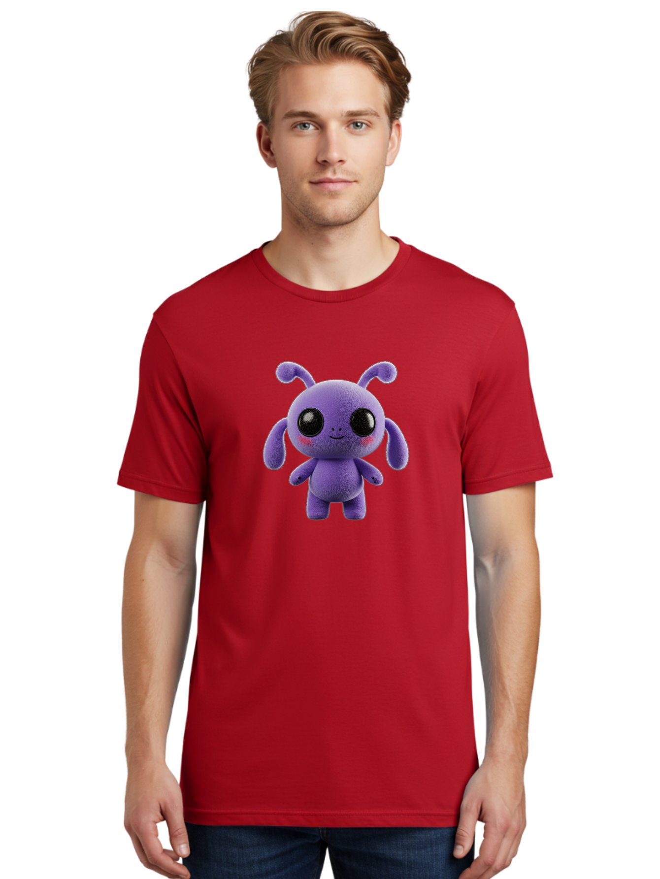 Purple-Alien Men'S Graphic Tee, 100% Cotton, Comfortable Casual Summer Wear, Machine Washable, Cute Alien Character, Soft Plush Toy, Purple Creature, Big Black Eyes, Smiling Face, Fluffy Texture, Whimsical Design, Adorable Illustration, Bac355