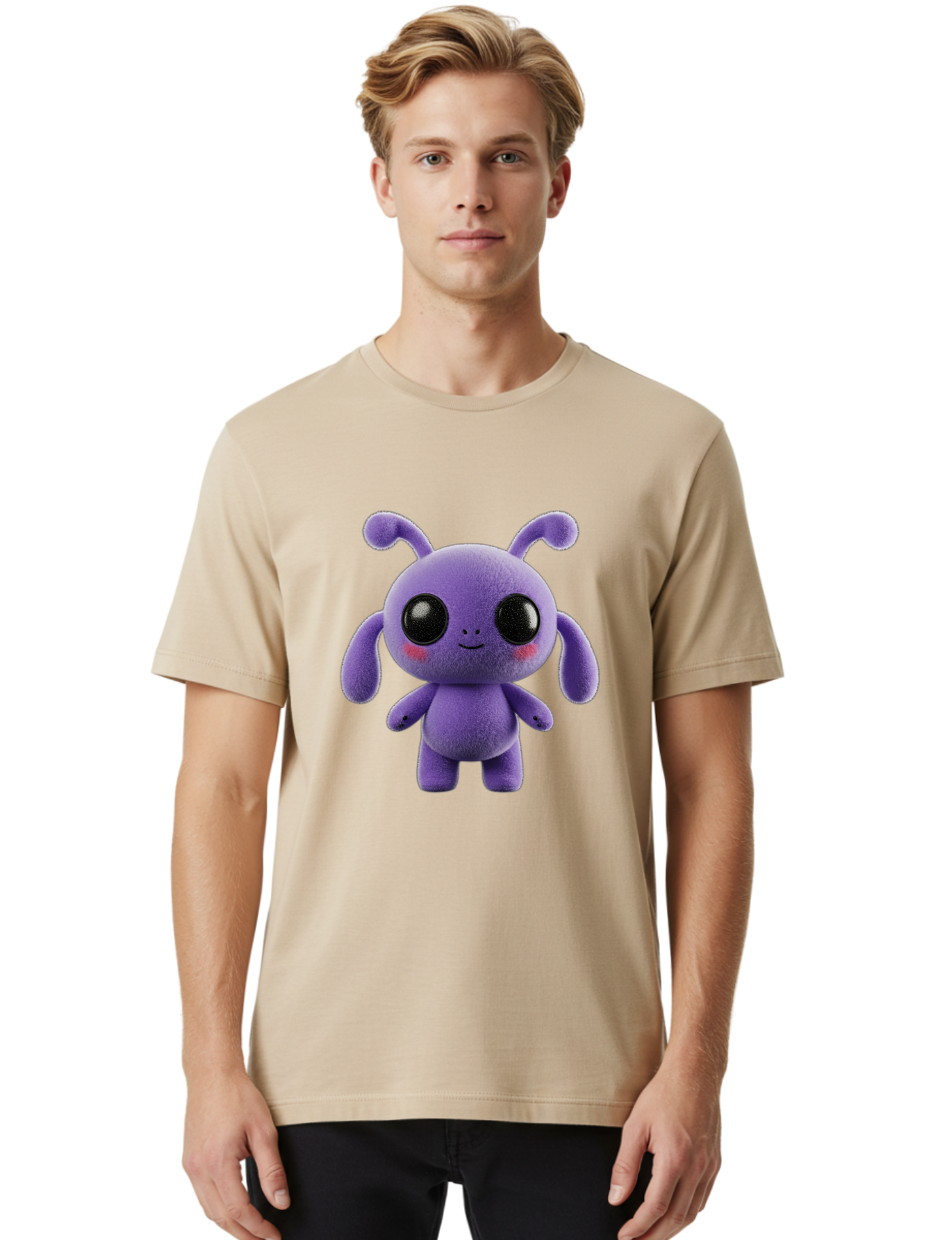 Purple-Alien Men'S Graphic Tee, 100% Cotton, Comfortable Casual Summer Wear, Machine Washable, Cute Alien Character, Soft Plush Toy, Purple Creature, Big Black Eyes, Smiling Face, Fluffy Texture, Whimsical Design, Adorable Illustration, Bac355