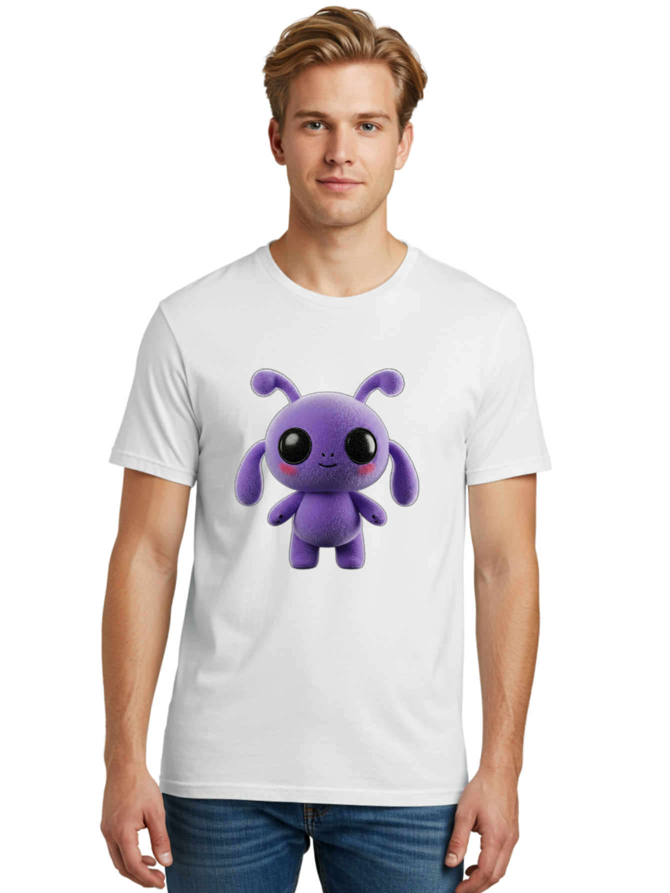 Purple-Alien Men'S Graphic Tee, 100% Cotton, Comfortable Casual Summer Wear, Machine Washable, Cute Alien Character, Soft Plush Toy, Purple Creature, Big Black Eyes, Smiling Face, Fluffy Texture, Whimsical Design, Adorable Illustration, Bac355