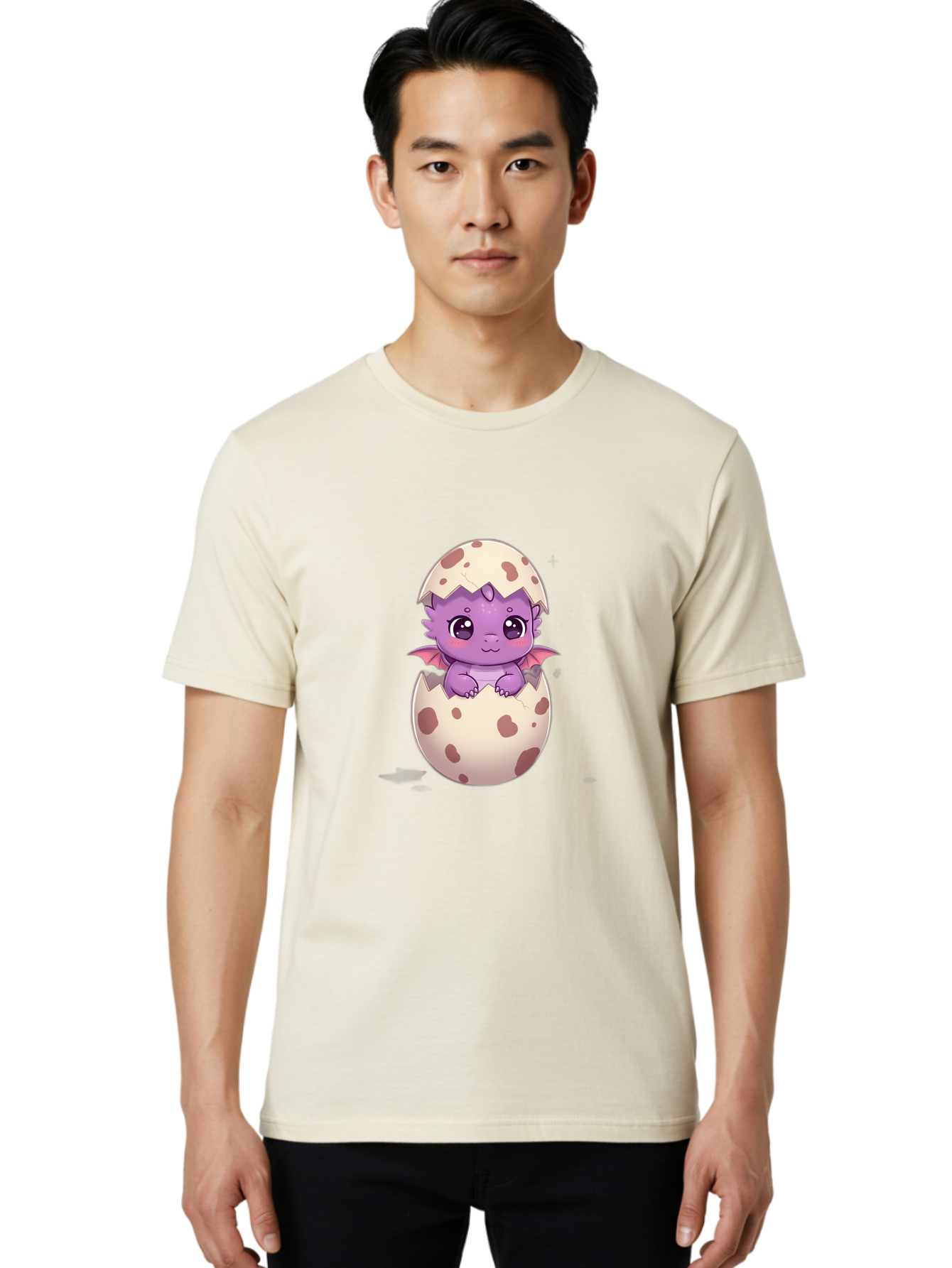 Purple-Dragon-Hatching Men'S Graphic Tee, 100% Cotton, Comfortable Casual Summer Wear, Machine Washable, Cute Dragon Hatching, Adorable Creature, Fantasy Art, Purple Dragon, Eggshell, Cartoon Character, Nursery Decor, Baby Dragon, Bac356