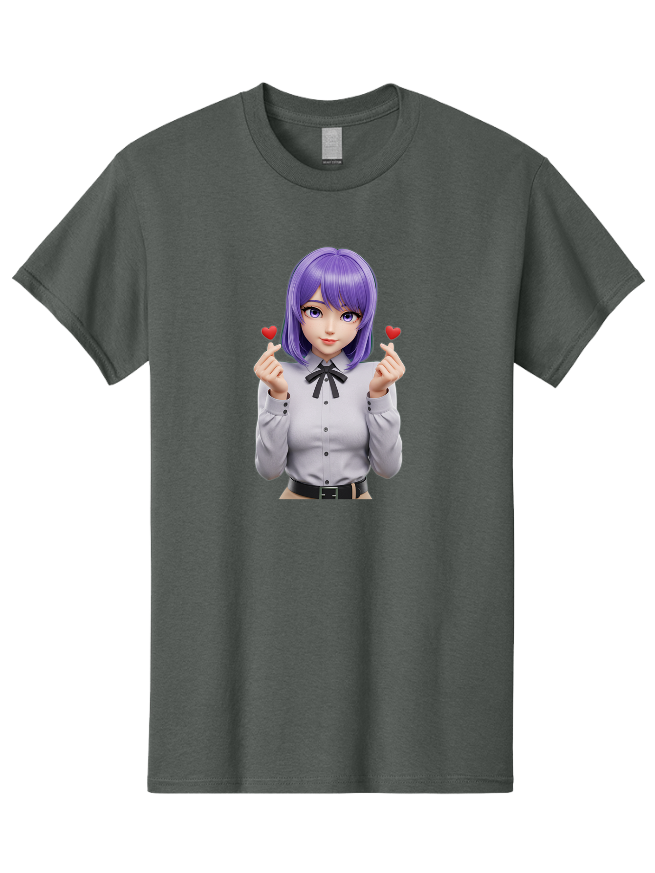 Purple-Hair-Anime-Girl Men'S Graphic Tee, 100% Cotton, Comfortable Casual Summer Wear, Machine Washable, Anime Style Girl, Purple Hair, White Shirt, Black Bow, Hearts On Fingers, Cute Expression, 3D Rendering, Digital Art, Kawaii Character, Bac357