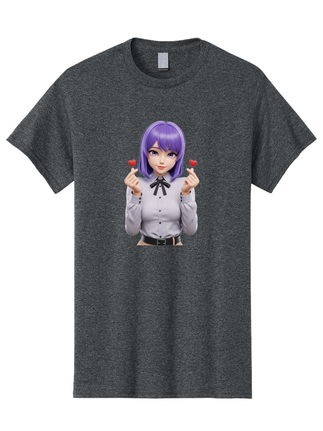 Purple-Hair-Anime-Girl Men'S Graphic Tee, 100% Cotton, Comfortable Casual Summer Wear, Machine Washable, Anime Style Girl, Purple Hair, White Shirt, Black Bow, Hearts On Fingers, Cute Expression, 3D Rendering, Digital Art, Kawaii Character, Bac357