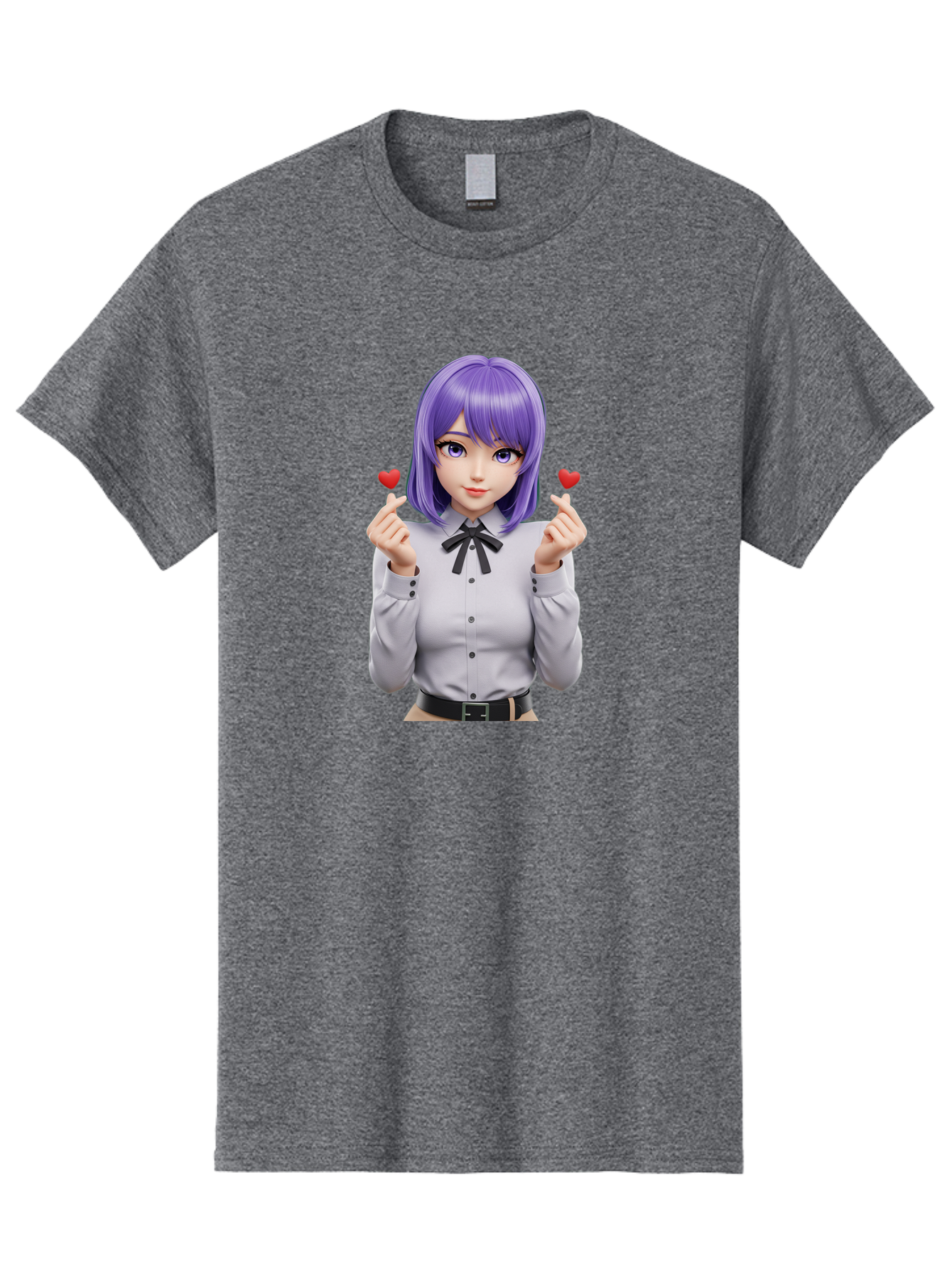 Purple-Hair-Anime-Girl Men'S Graphic Tee, 100% Cotton, Comfortable Casual Summer Wear, Machine Washable, Anime Style Girl, Purple Hair, White Shirt, Black Bow, Hearts On Fingers, Cute Expression, 3D Rendering, Digital Art, Kawaii Character, Bac357