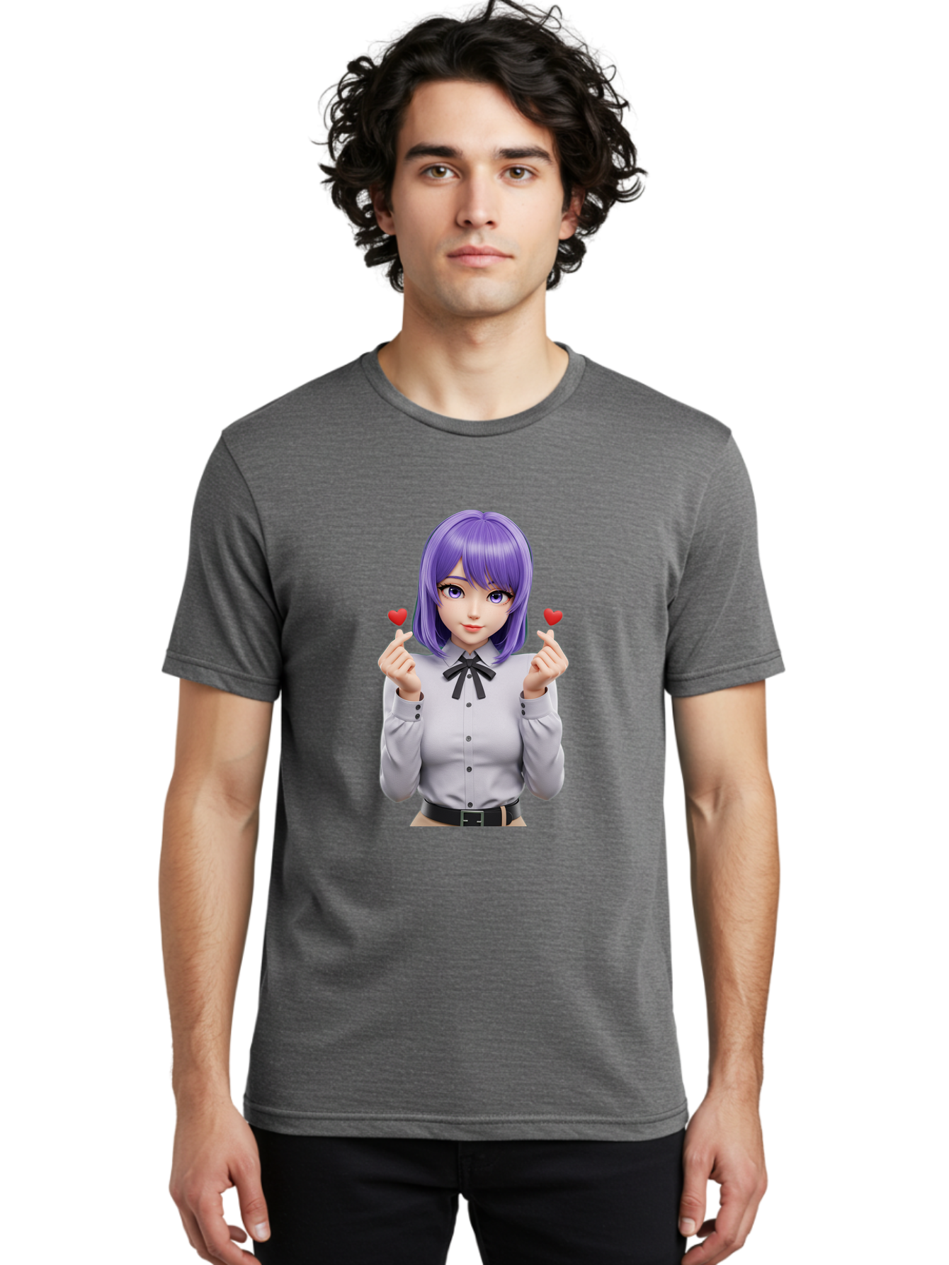 Purple-Hair-Anime-Girl Men'S Graphic Tee, 100% Cotton, Comfortable Casual Summer Wear, Machine Washable, Anime Style Girl, Purple Hair, White Shirt, Black Bow, Hearts On Fingers, Cute Expression, 3D Rendering, Digital Art, Kawaii Character, Bac357