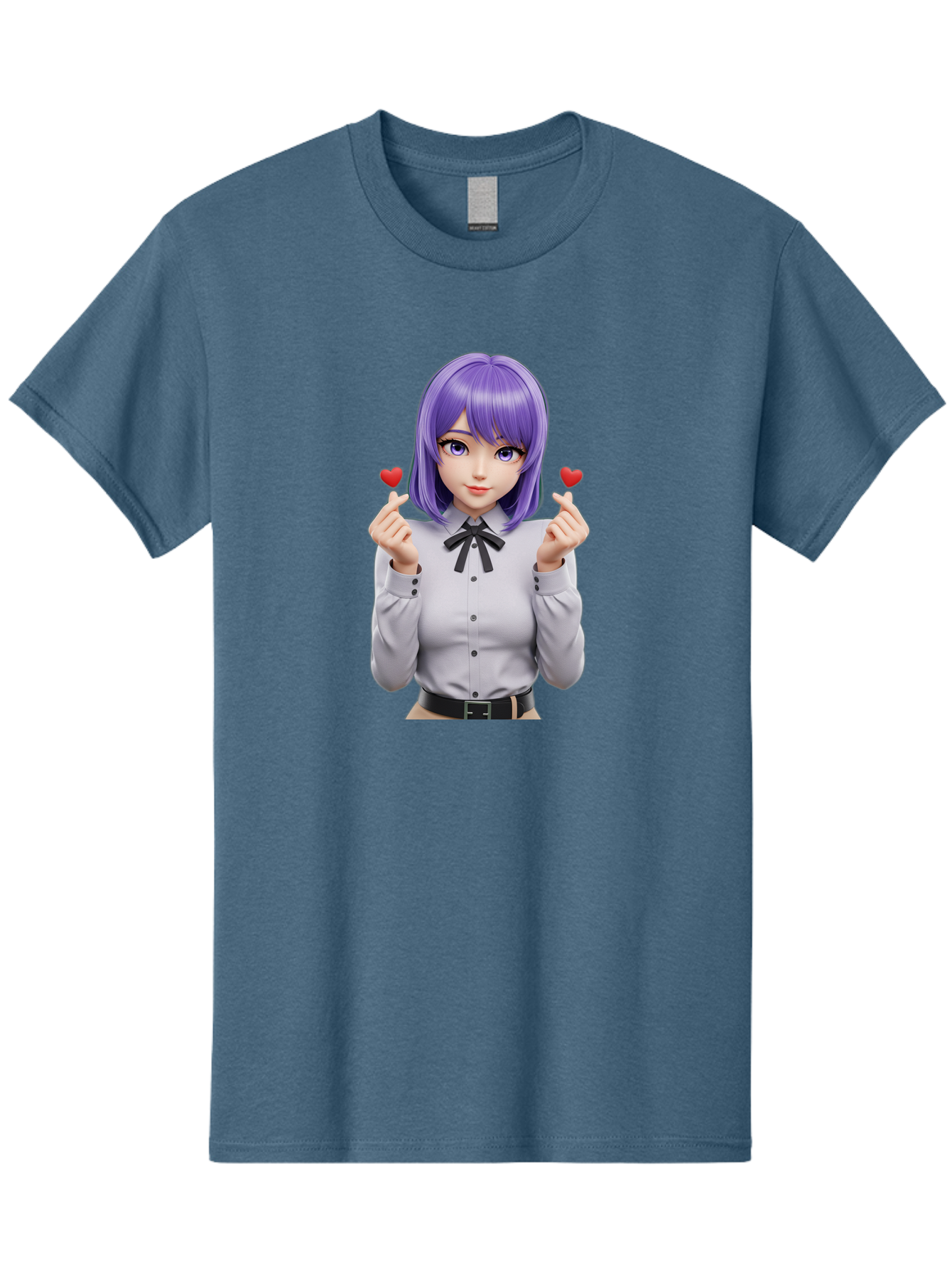 Purple-Hair-Anime-Girl Men'S Graphic Tee, 100% Cotton, Comfortable Casual Summer Wear, Machine Washable, Anime Style Girl, Purple Hair, White Shirt, Black Bow, Hearts On Fingers, Cute Expression, 3D Rendering, Digital Art, Kawaii Character, Bac357