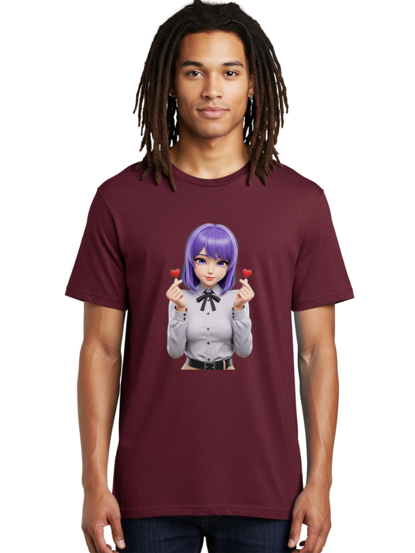 Purple-Hair-Anime-Girl Men'S Graphic Tee, 100% Cotton, Comfortable Casual Summer Wear, Machine Washable, Anime Style Girl, Purple Hair, White Shirt, Black Bow, Hearts On Fingers, Cute Expression, 3D Rendering, Digital Art, Kawaii Character, Bac357