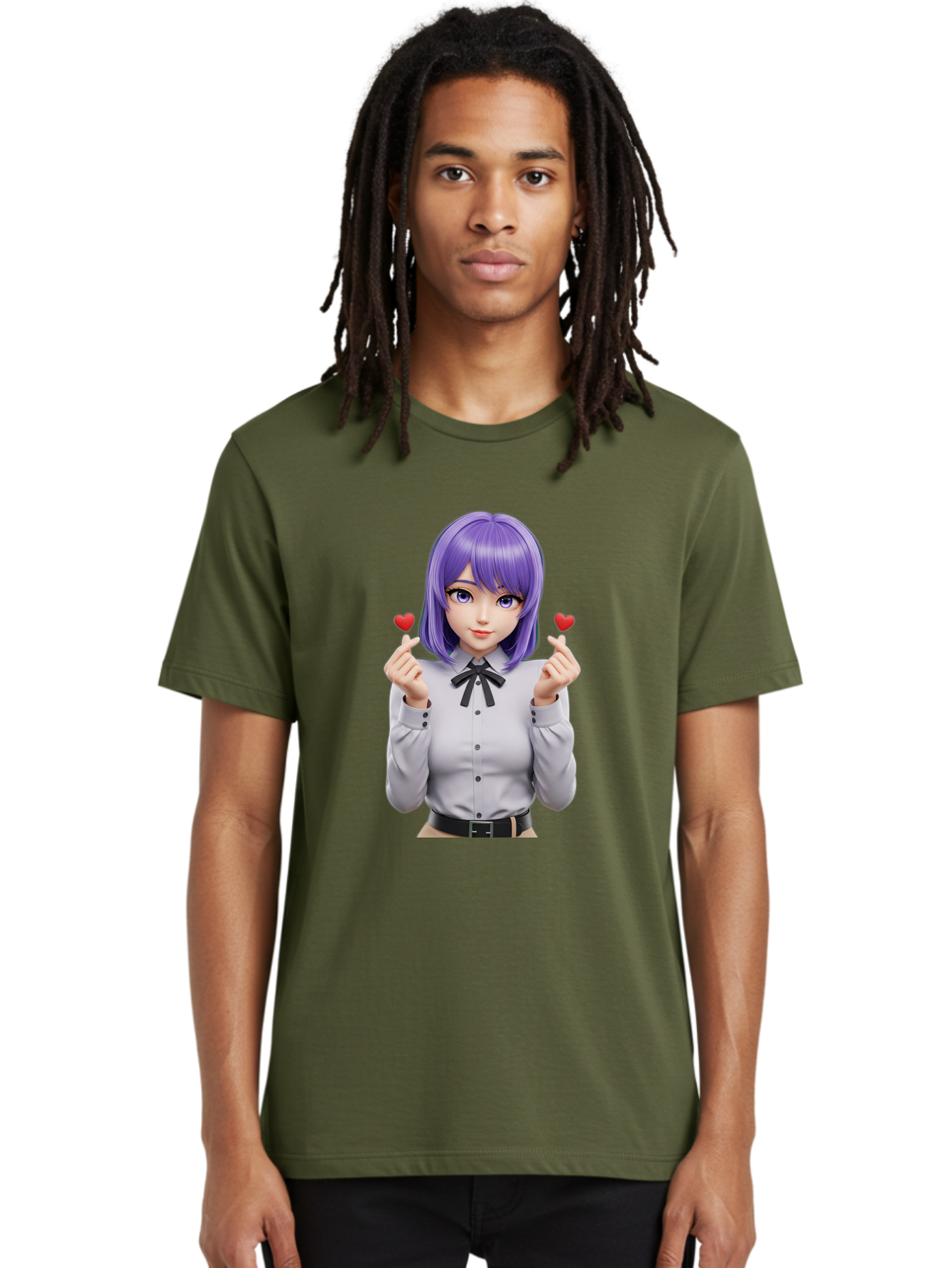 Purple-Hair-Anime-Girl Men'S Graphic Tee, 100% Cotton, Comfortable Casual Summer Wear, Machine Washable, Anime Style Girl, Purple Hair, White Shirt, Black Bow, Hearts On Fingers, Cute Expression, 3D Rendering, Digital Art, Kawaii Character, Bac357
