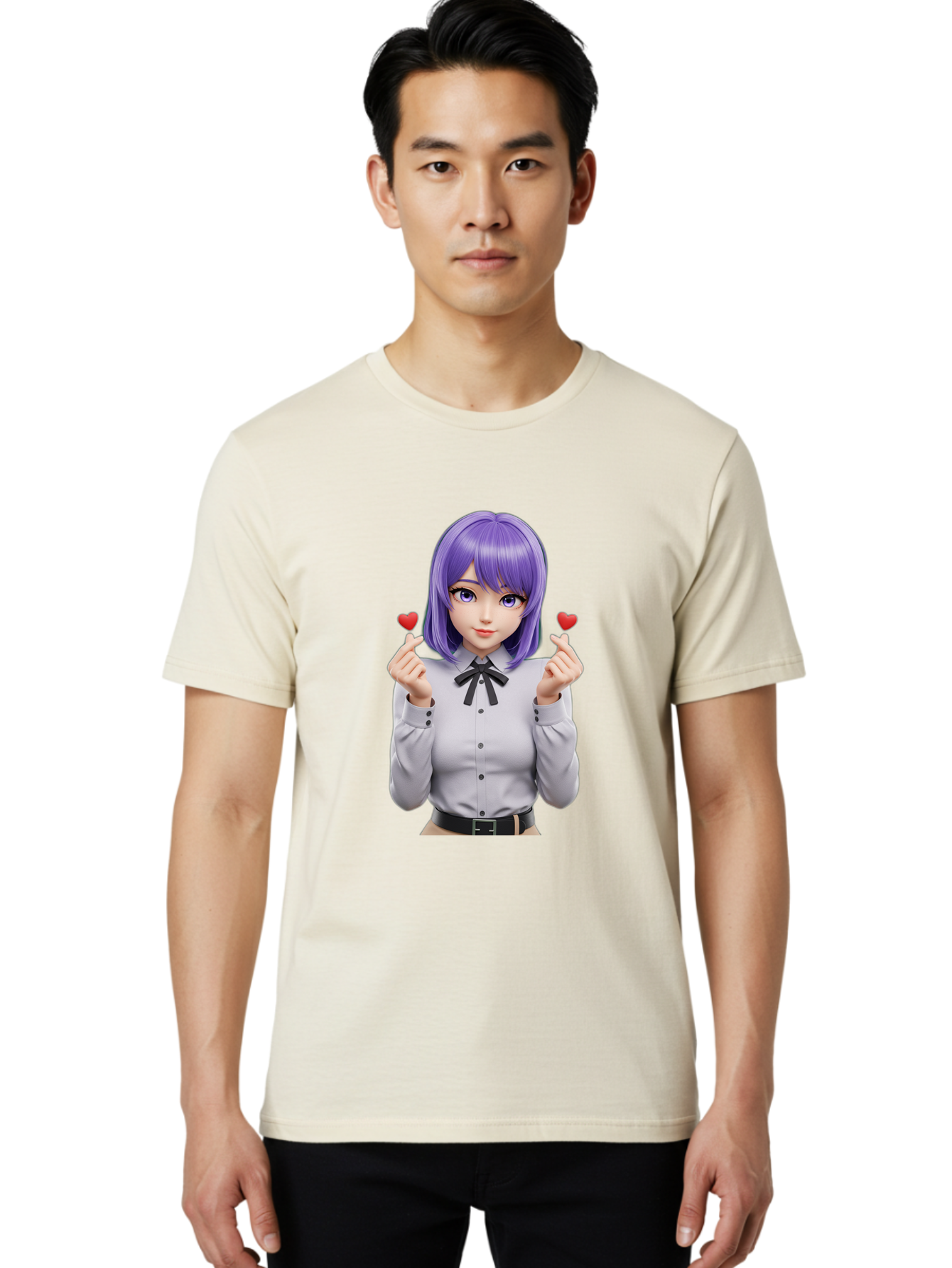 Purple-Hair-Anime-Girl Men'S Graphic Tee, 100% Cotton, Comfortable Casual Summer Wear, Machine Washable, Anime Style Girl, Purple Hair, White Shirt, Black Bow, Hearts On Fingers, Cute Expression, 3D Rendering, Digital Art, Kawaii Character, Bac357