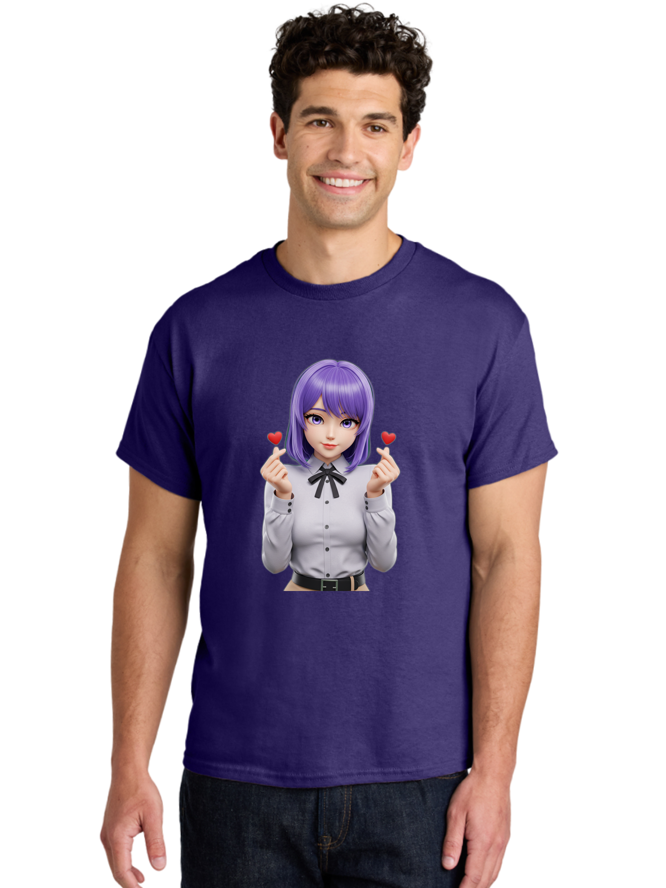 Purple-Hair-Anime-Girl Men'S Graphic Tee, 100% Cotton, Comfortable Casual Summer Wear, Machine Washable, Anime Style Girl, Purple Hair, White Shirt, Black Bow, Hearts On Fingers, Cute Expression, 3D Rendering, Digital Art, Kawaii Character, Bac357