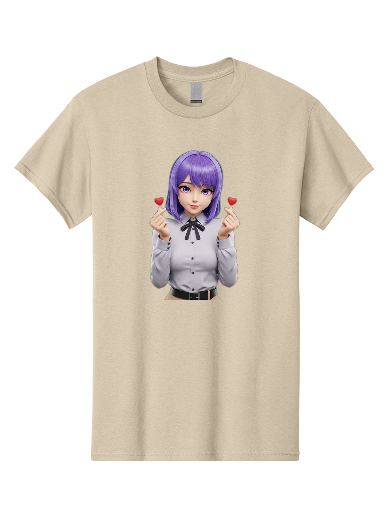Purple-Hair-Anime-Girl Men'S Graphic Tee, 100% Cotton, Comfortable Casual Summer Wear, Machine Washable, Anime Style Girl, Purple Hair, White Shirt, Black Bow, Hearts On Fingers, Cute Expression, 3D Rendering, Digital Art, Kawaii Character, Bac357