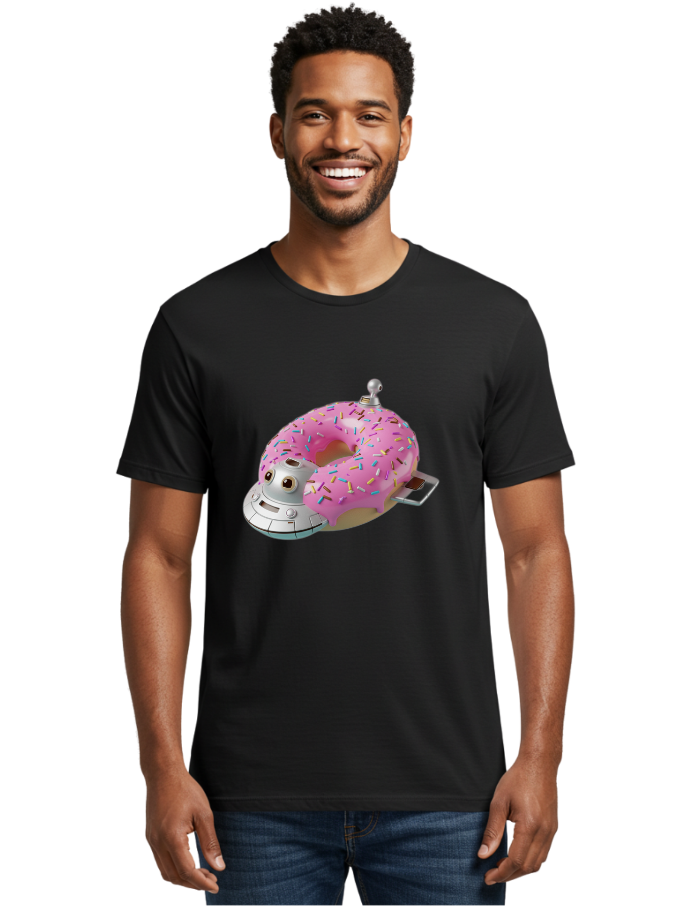R2D2-Donut Men'S Graphic Tee, 100% Cotton, Comfortable Casual Summer Wear, Machine Washable, Pink Frosted Donut, Rainbow Sprinkles, R2D2 Robot, Star Wars Character, Sweet Treats, Whimsical Design, Playful Illustration, Colorful Dessert, Bac359