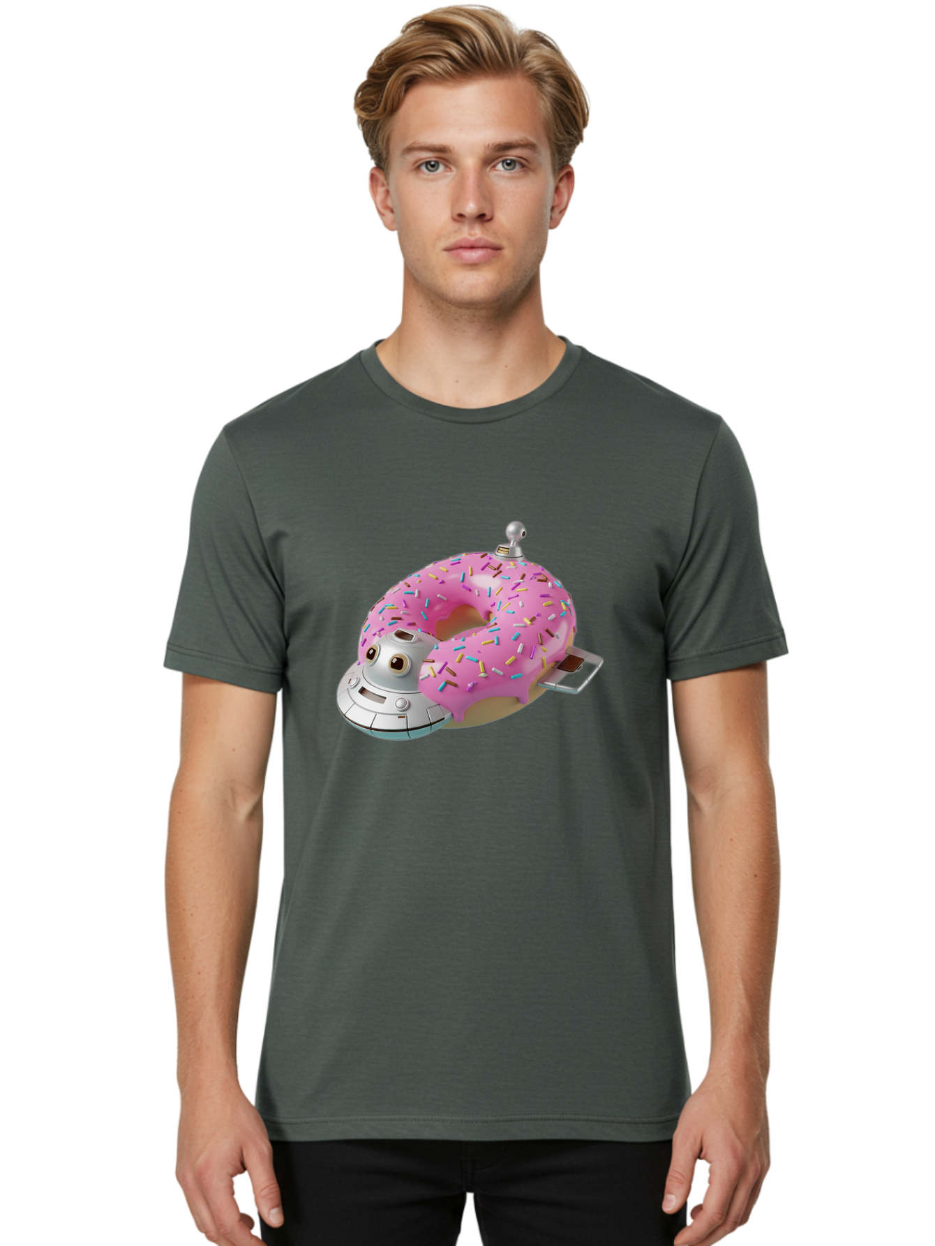 R2D2-Donut Men'S Graphic Tee, 100% Cotton, Comfortable Casual Summer Wear, Machine Washable, Pink Frosted Donut, Rainbow Sprinkles, R2D2 Robot, Star Wars Character, Sweet Treats, Whimsical Design, Playful Illustration, Colorful Dessert, Bac359