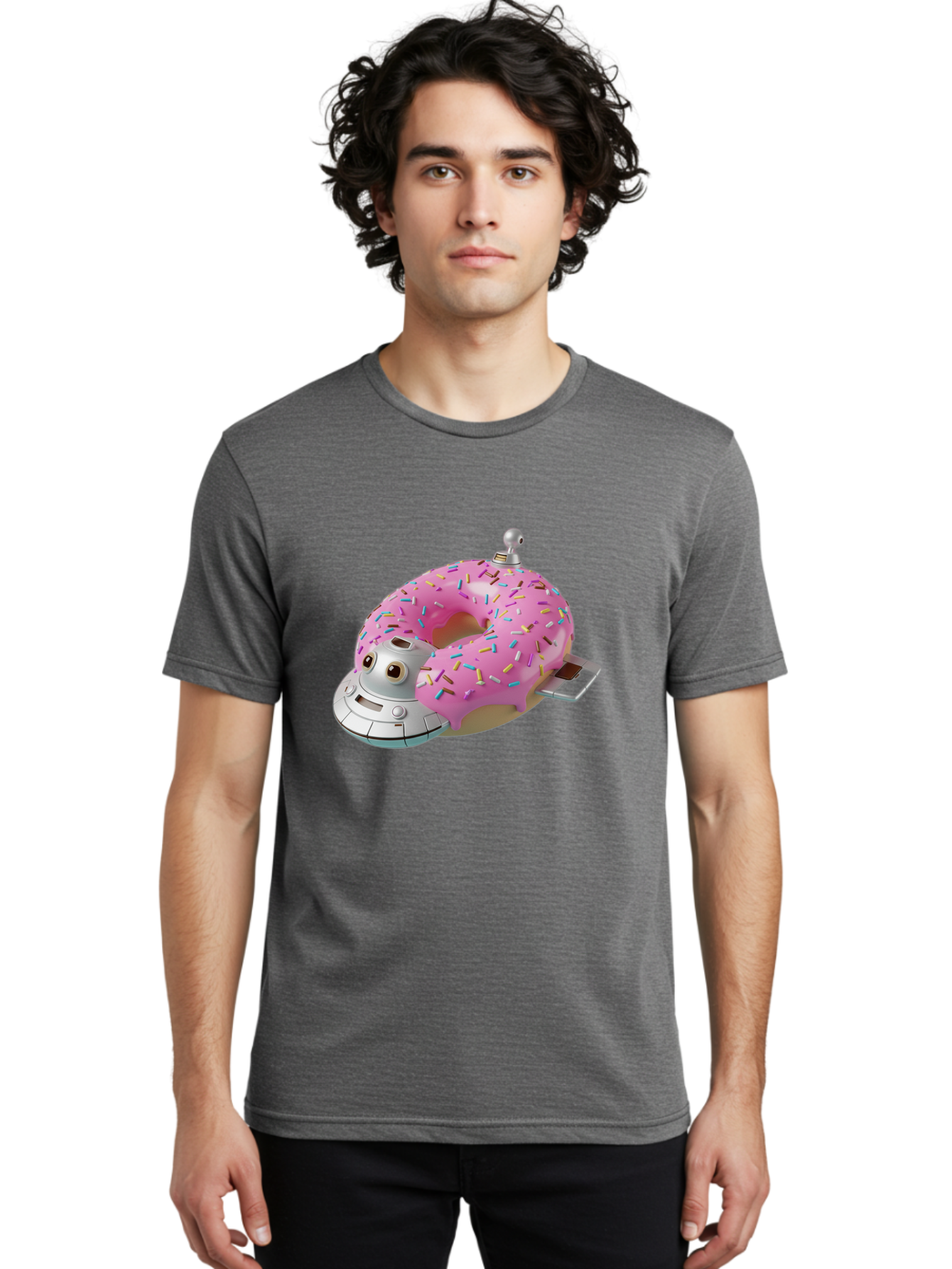 R2D2-Donut Men'S Graphic Tee, 100% Cotton, Comfortable Casual Summer Wear, Machine Washable, Pink Frosted Donut, Rainbow Sprinkles, R2D2 Robot, Star Wars Character, Sweet Treats, Whimsical Design, Playful Illustration, Colorful Dessert, Bac359