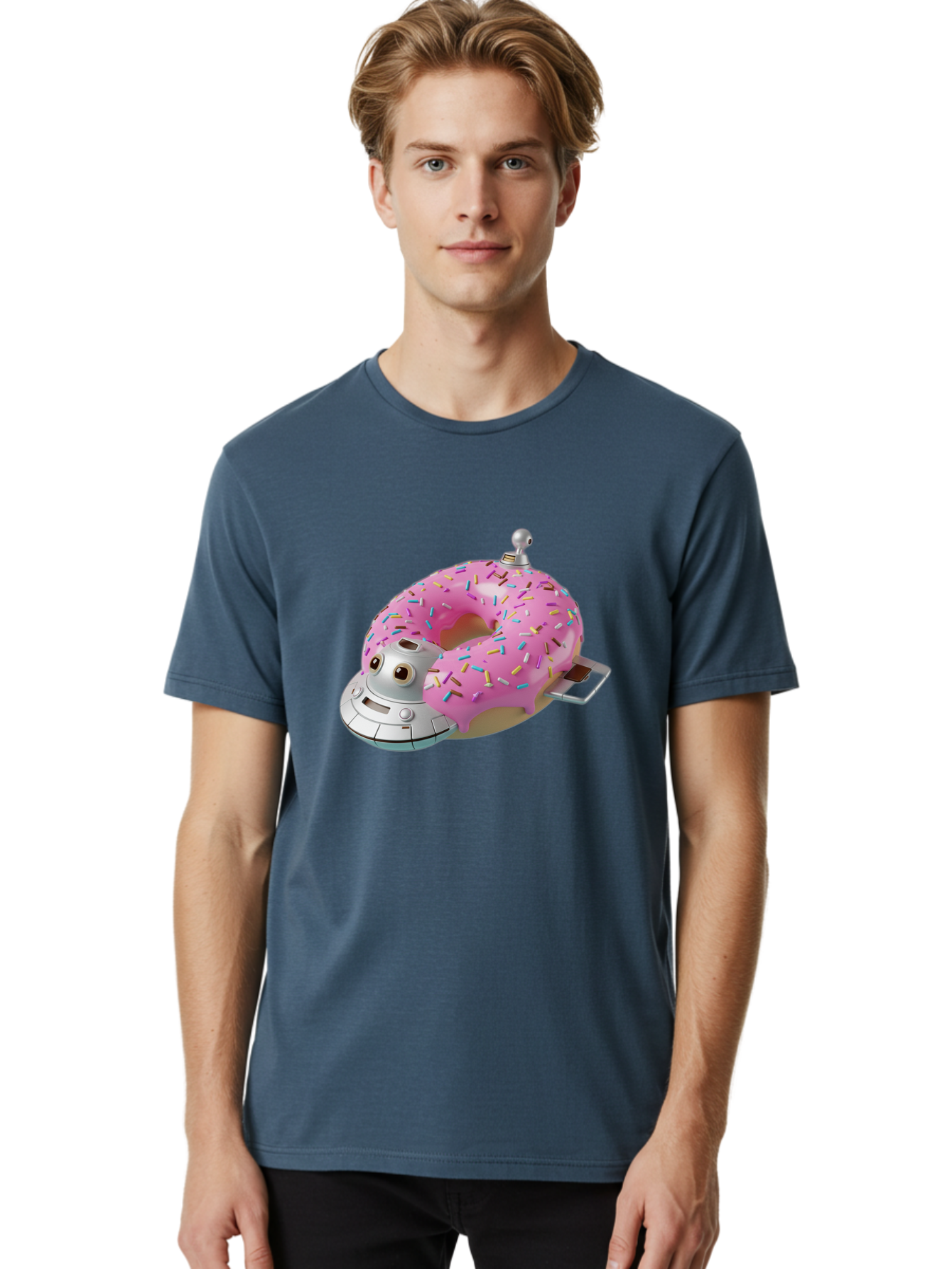R2D2-Donut Men'S Graphic Tee, 100% Cotton, Comfortable Casual Summer Wear, Machine Washable, Pink Frosted Donut, Rainbow Sprinkles, R2D2 Robot, Star Wars Character, Sweet Treats, Whimsical Design, Playful Illustration, Colorful Dessert, Bac359
