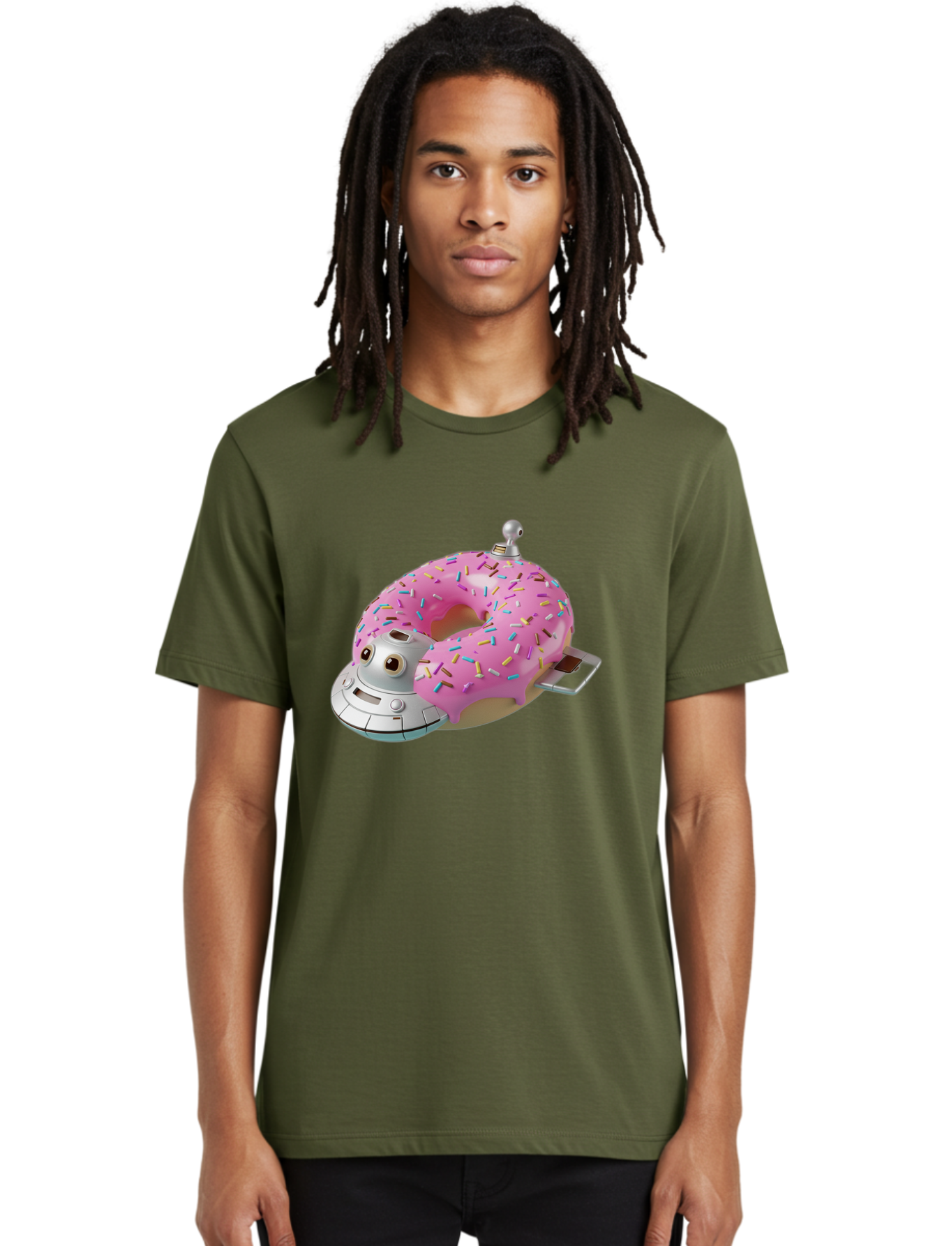 R2D2-Donut Men'S Graphic Tee, 100% Cotton, Comfortable Casual Summer Wear, Machine Washable, Pink Frosted Donut, Rainbow Sprinkles, R2D2 Robot, Star Wars Character, Sweet Treats, Whimsical Design, Playful Illustration, Colorful Dessert, Bac359