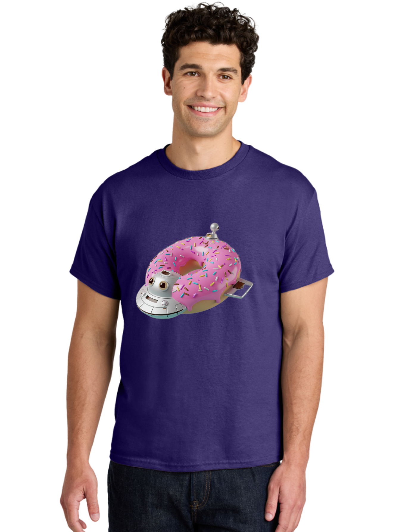 R2D2-Donut Men'S Graphic Tee, 100% Cotton, Comfortable Casual Summer Wear, Machine Washable, Pink Frosted Donut, Rainbow Sprinkles, R2D2 Robot, Star Wars Character, Sweet Treats, Whimsical Design, Playful Illustration, Colorful Dessert, Bac359