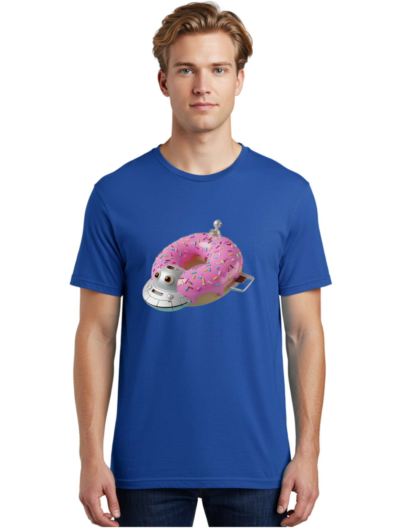 R2D2-Donut Men'S Graphic Tee, 100% Cotton, Comfortable Casual Summer Wear, Machine Washable, Pink Frosted Donut, Rainbow Sprinkles, R2D2 Robot, Star Wars Character, Sweet Treats, Whimsical Design, Playful Illustration, Colorful Dessert, Bac359