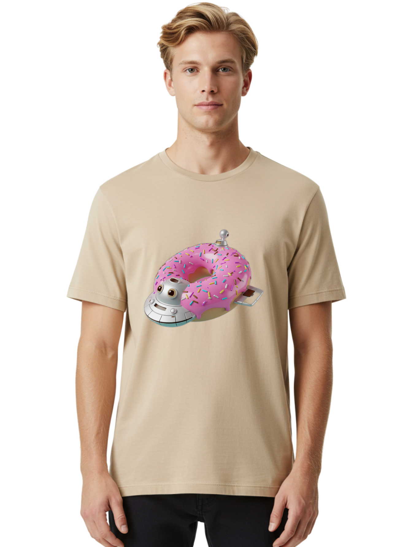 R2D2-Donut Men'S Graphic Tee, 100% Cotton, Comfortable Casual Summer Wear, Machine Washable, Pink Frosted Donut, Rainbow Sprinkles, R2D2 Robot, Star Wars Character, Sweet Treats, Whimsical Design, Playful Illustration, Colorful Dessert, Bac359