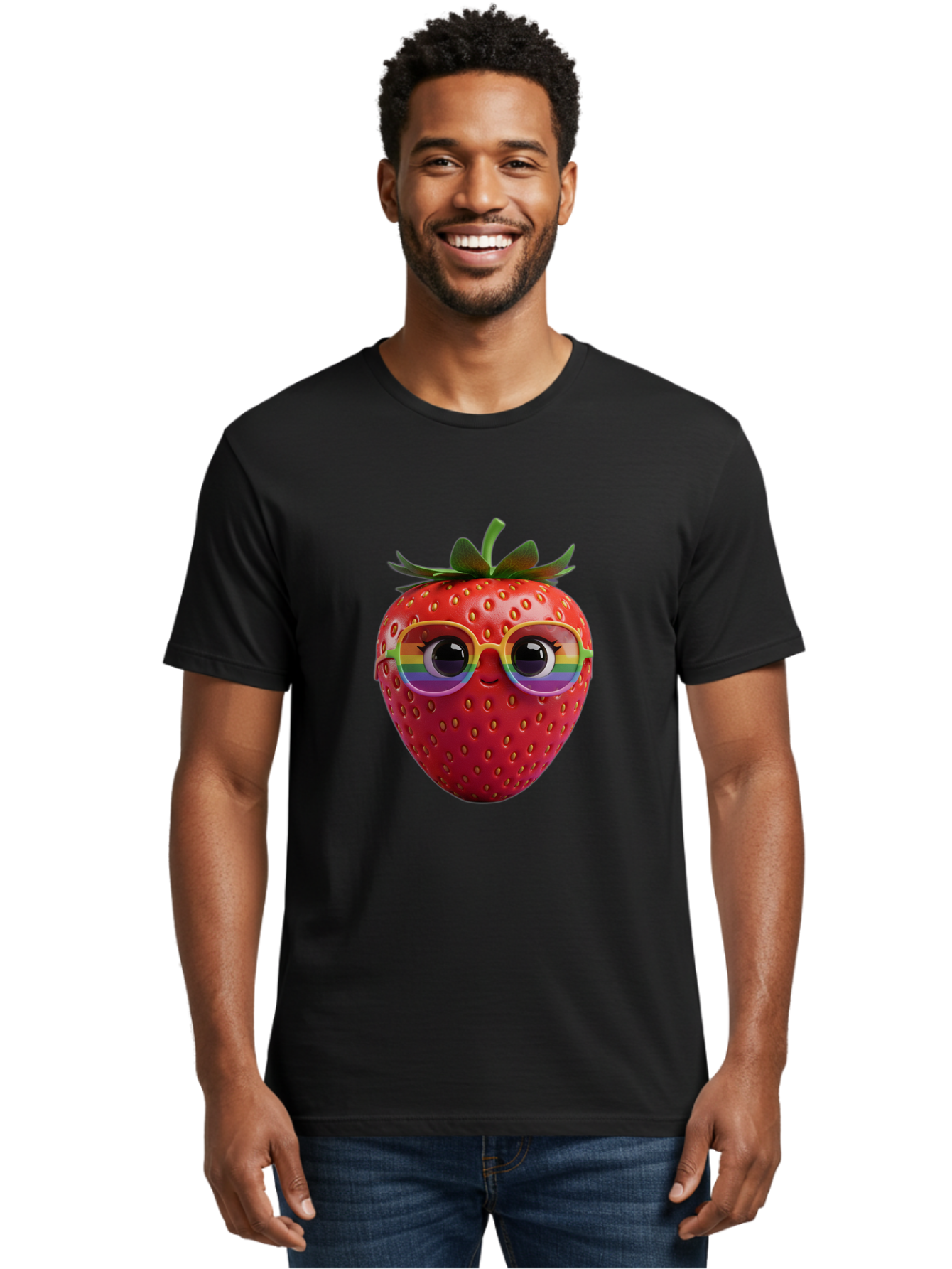 Rainbow-Strawberry Men'S Graphic Tee, 100% Cotton, Comfortable Casual Summer Wear, Machine Washable, Strawberry With Glasses, Rainbow Reflection, Cute Cartoon Character, Fun Fruit, Vibrant Colors, Playful Design, Summer Vibes, Sweet Treat, Bac360