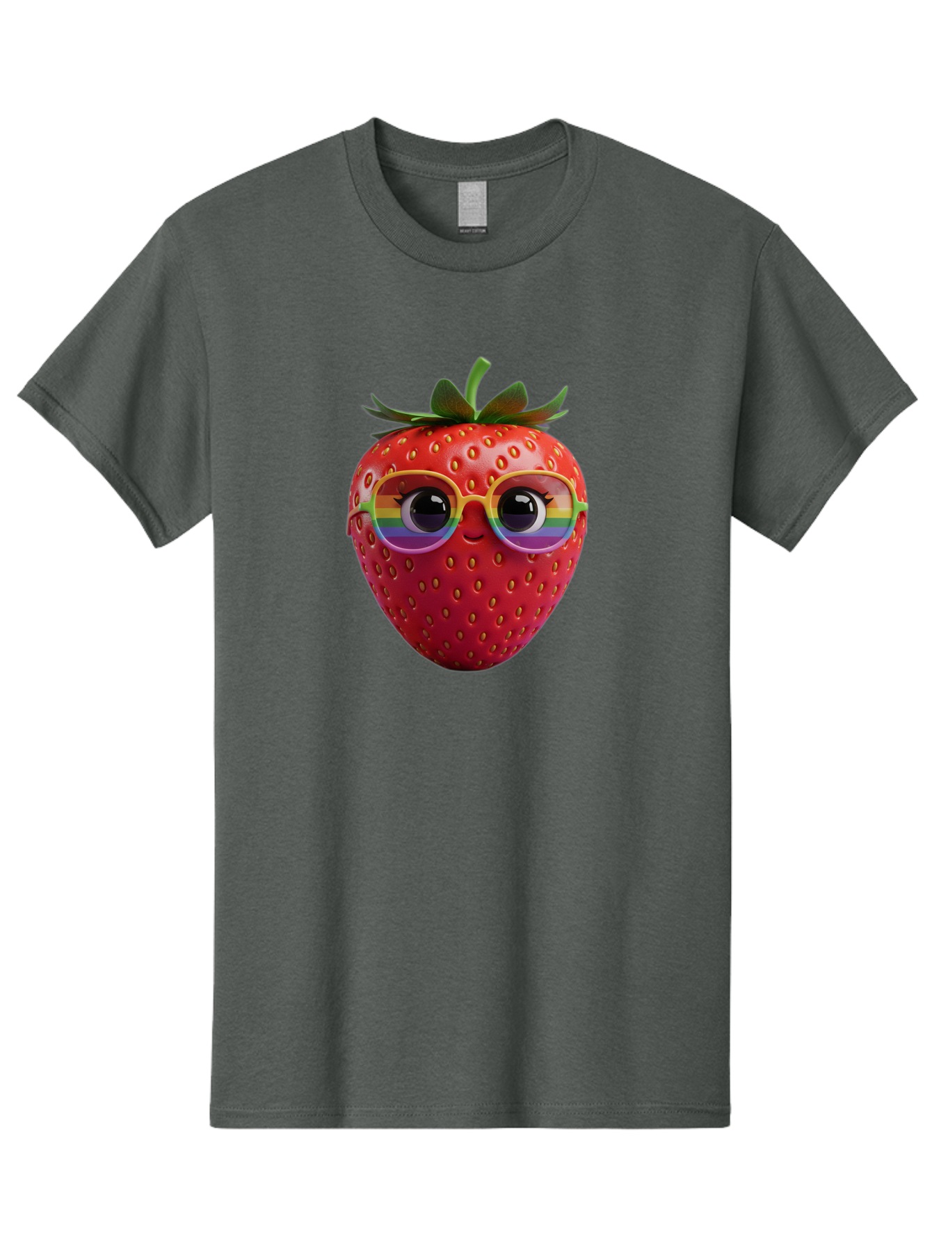 Rainbow-Strawberry Men'S Graphic Tee, 100% Cotton, Comfortable Casual Summer Wear, Machine Washable, Strawberry With Glasses, Rainbow Reflection, Cute Cartoon Character, Fun Fruit, Vibrant Colors, Playful Design, Summer Vibes, Sweet Treat, Bac360