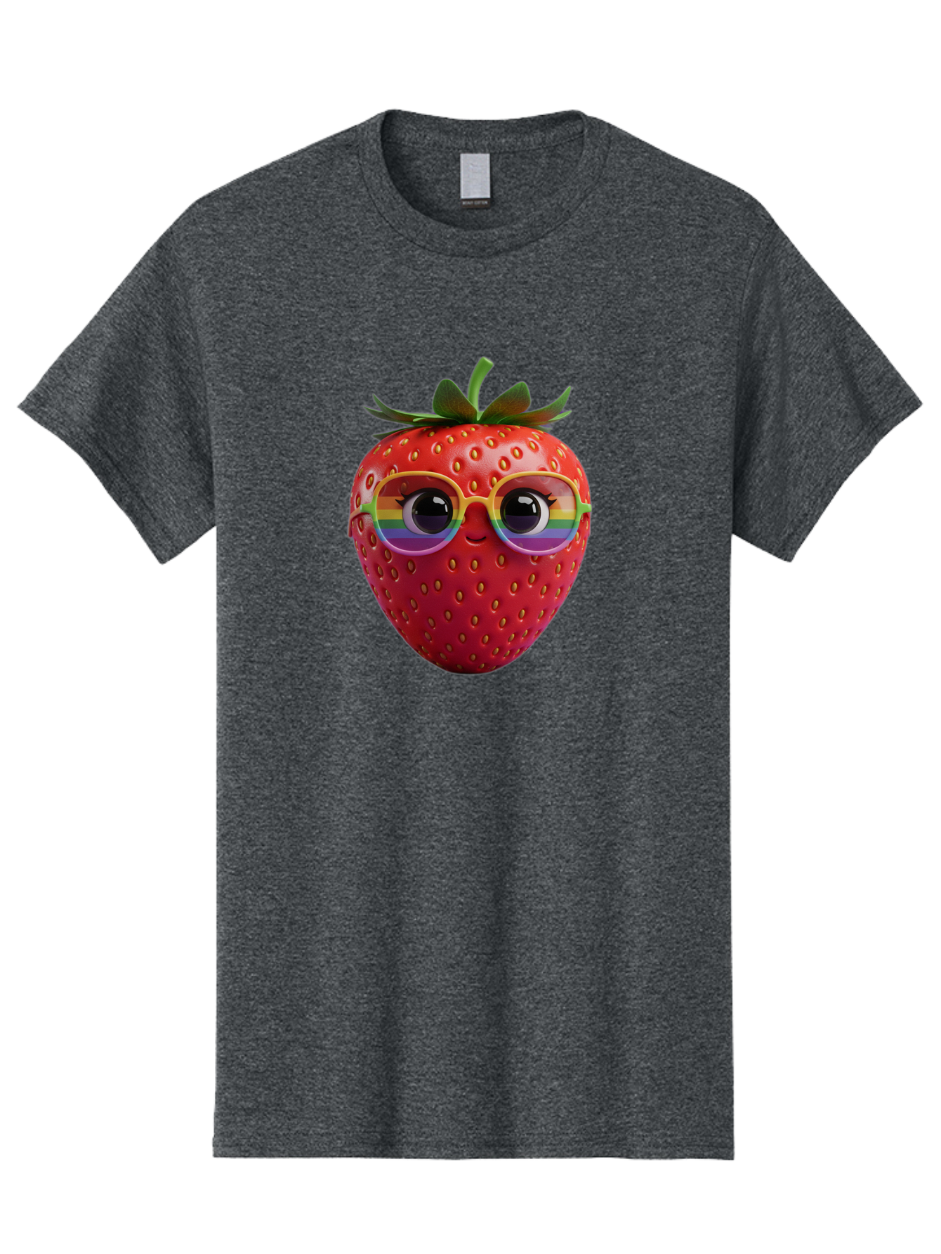 Rainbow-Strawberry Men'S Graphic Tee, 100% Cotton, Comfortable Casual Summer Wear, Machine Washable, Strawberry With Glasses, Rainbow Reflection, Cute Cartoon Character, Fun Fruit, Vibrant Colors, Playful Design, Summer Vibes, Sweet Treat, Bac360