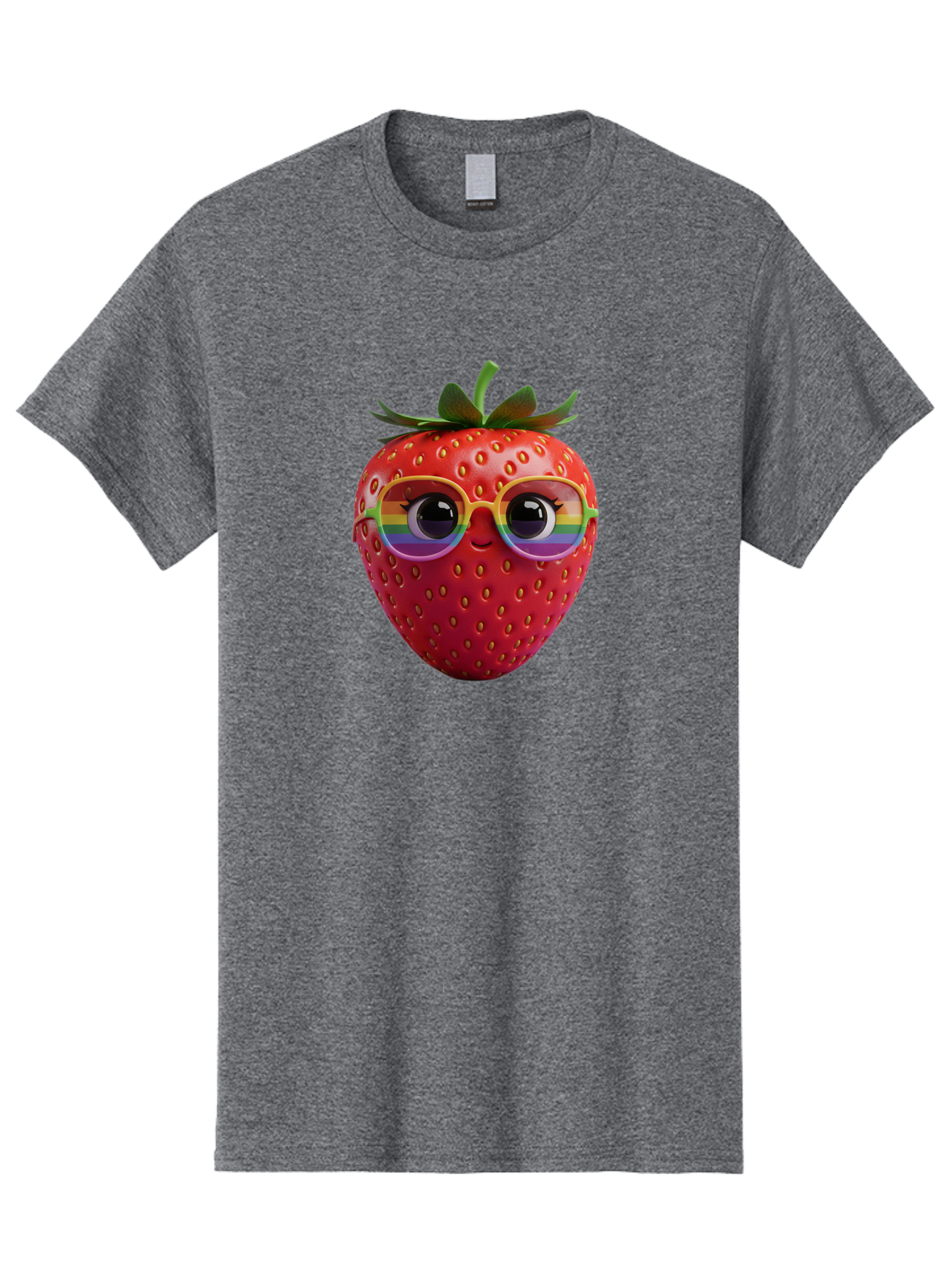 Rainbow-Strawberry Men'S Graphic Tee, 100% Cotton, Comfortable Casual Summer Wear, Machine Washable, Strawberry With Glasses, Rainbow Reflection, Cute Cartoon Character, Fun Fruit, Vibrant Colors, Playful Design, Summer Vibes, Sweet Treat, Bac360